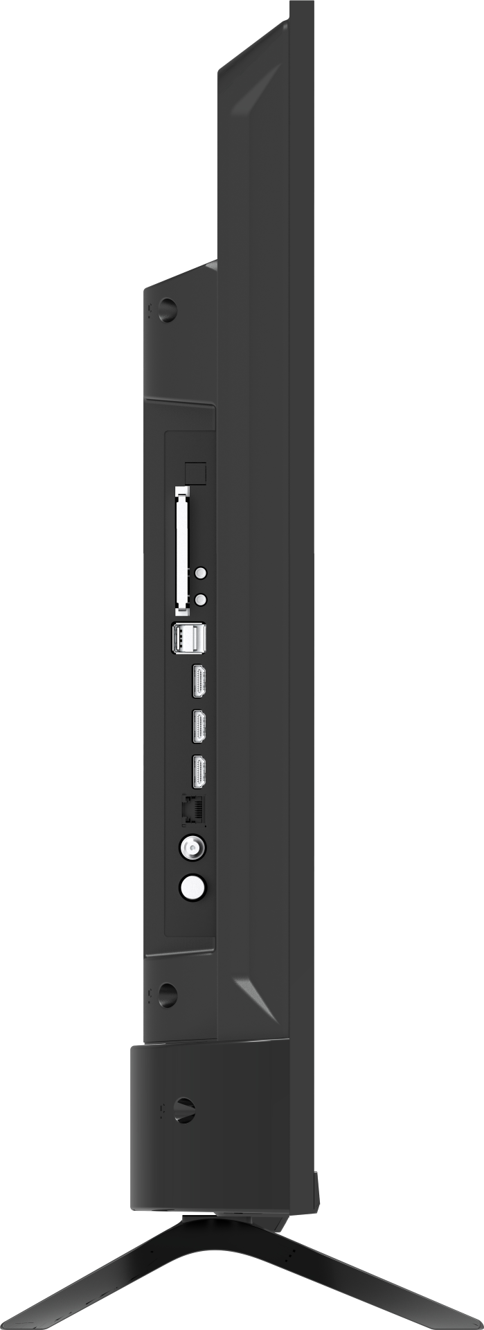 Widok z boku czarnego telewizora pokazujący porty i złącza. Stoi na czarnym stojaku. Tło jest gładkie.