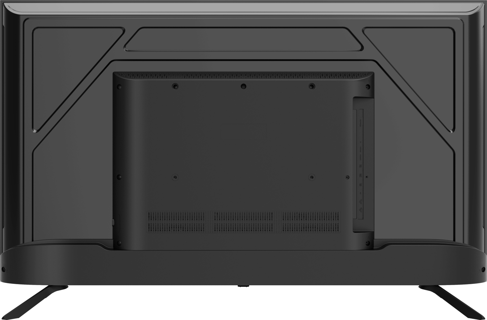 Tył czarnego telewizora. Ma duży prostokątny kształt z widocznymi portami i otworami wentylacyjnymi.