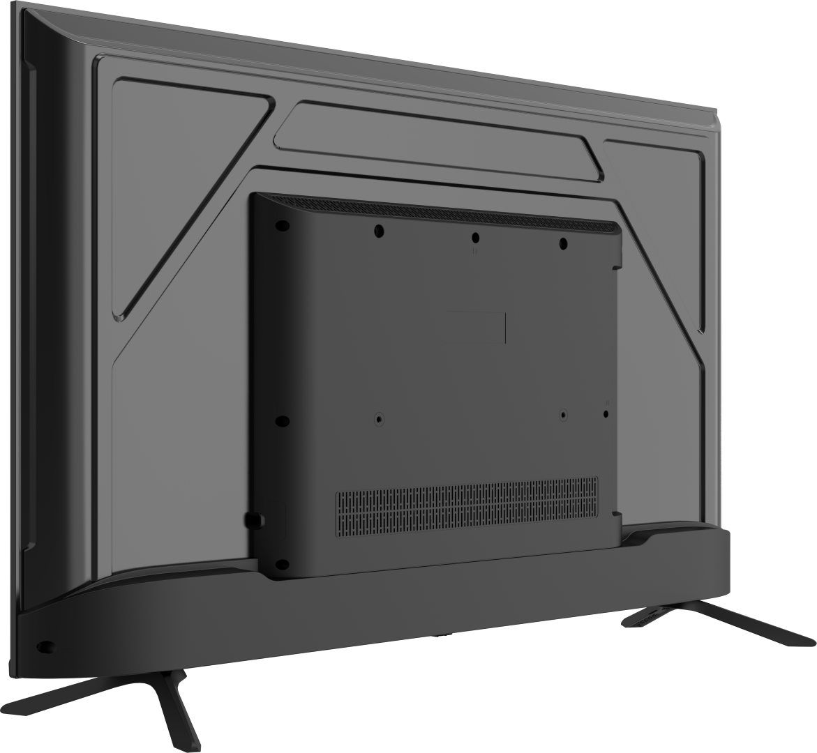 Widok z tyłu czarnego telewizora z płaskim ekranem. Telewizor ma podstawę, kratki wentylacyjne i różne porty. Tło jest czarne.