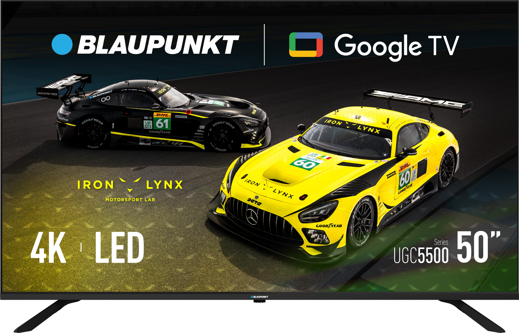 Telewizor Blaupunkt wyświetla dwa samochody wyścigowe. Jeden czarny, drugi żółty. Wyświetla również 'Google TV', '4K LED' i '50"'.