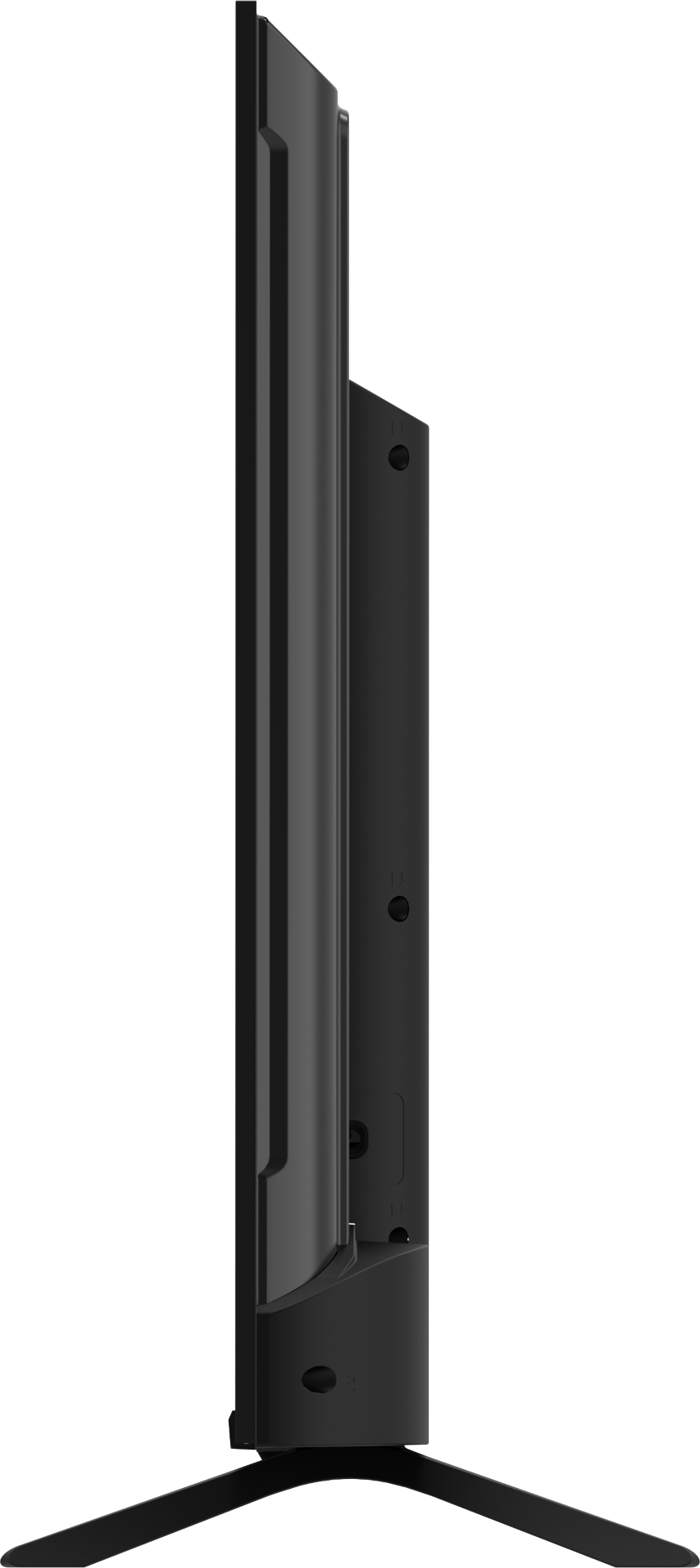 Widok z boku czarnego telewizora. Ma smukły profil ze stojakiem. Tło jest czarne.