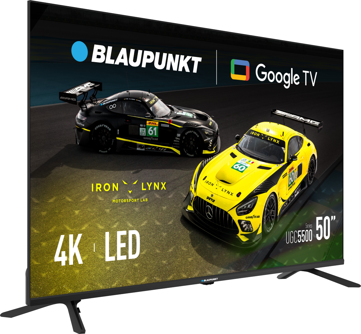 Telewizor Blaupunkt 50" wyświetla dwa samochody wyścigowe. Jeden czarny, jeden żółty. Telewizor ma Google TV i funkcje 4K LED.