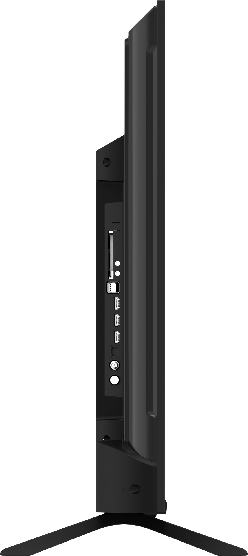 Widok z boku czarnego telewizora. Widoczne porty, w tym USB, HDMI i wejście koncentryczne. Telewizor stoi na czarnym stojaku.