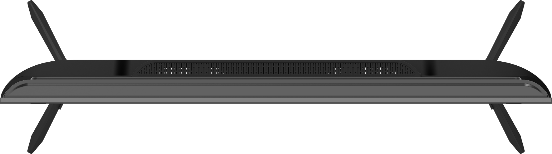 Czarny spód telewizora z dwiema antenami i nogami. Ekran jest czarny. Spód ma kratkę głośnika.