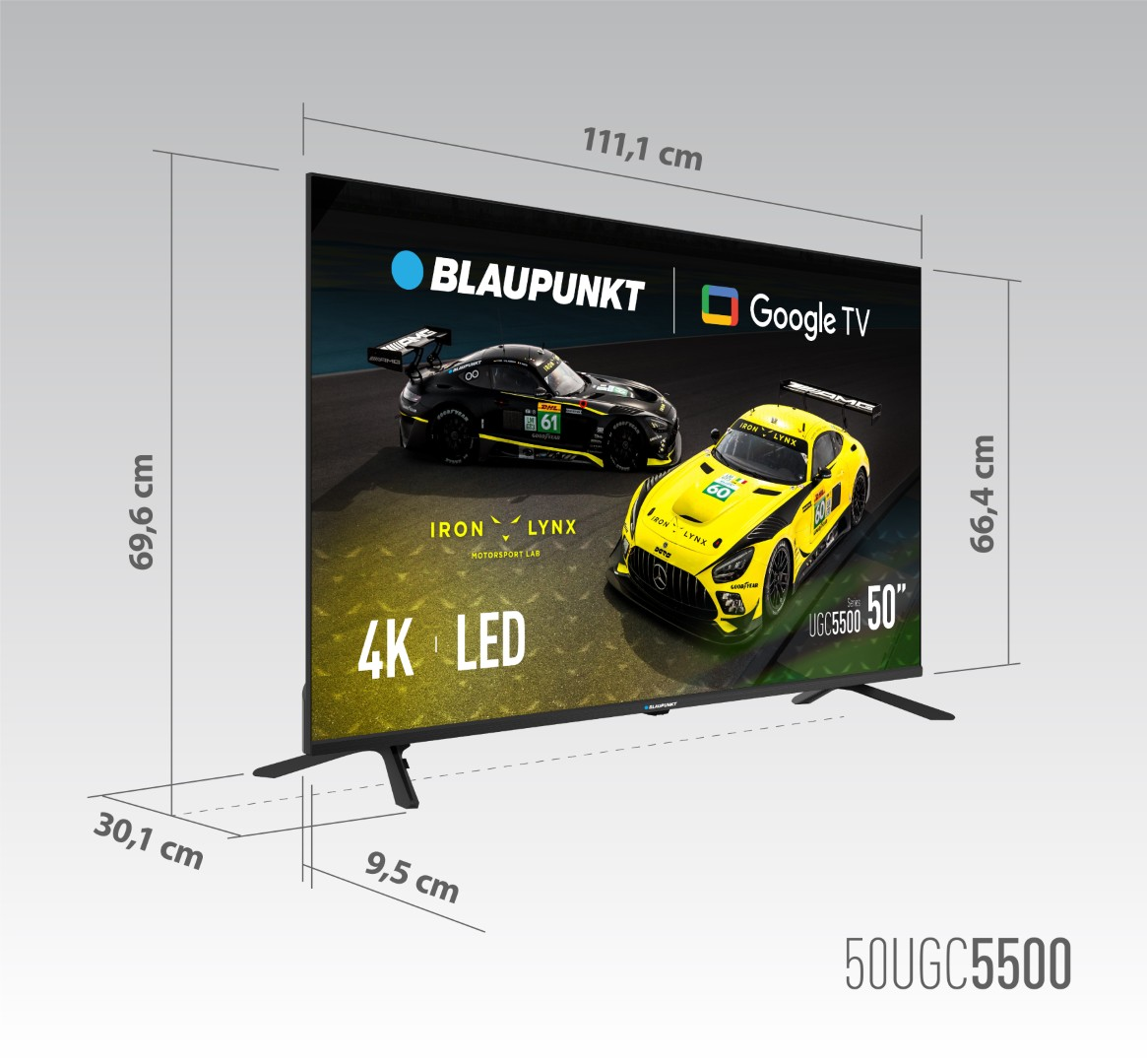 Telewizor Blaupunkt 50" z obrazem samochodu wyścigowego. Wymiary są pokazane. Logo Google TV jest widoczne.