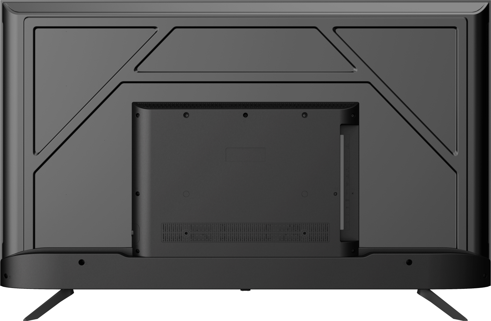 Widok z tyłu czarnego telewizora. Ma centralny prostokątny obszar z portami, dolną podpórkę i metalowe nóżki. Nowoczesny design.