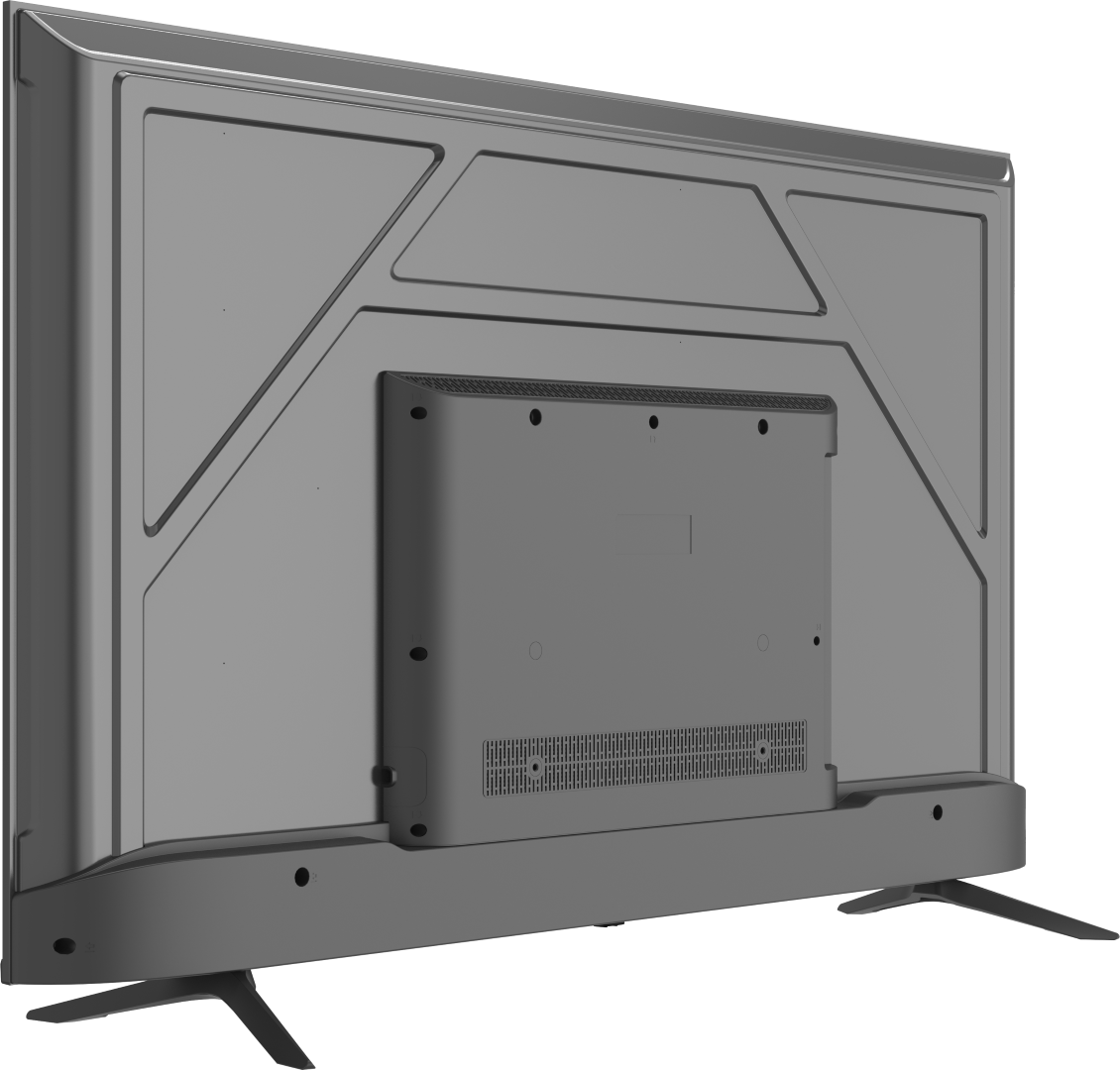 Widok z tyłu szarego telewizora z płaskim ekranem, o prostokątnym kształcie, otworami wentylacyjnymi i nóżkami wspornikowymi na czarnym tle.