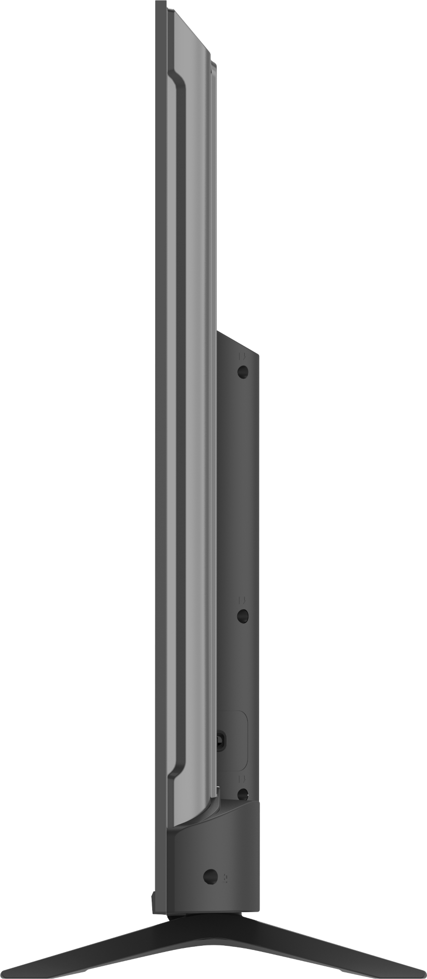 Widok z boku szarego telewizora. Ma cienką ramkę, czarną podstawę z dwiema nogami i kilka portów z tyłu.