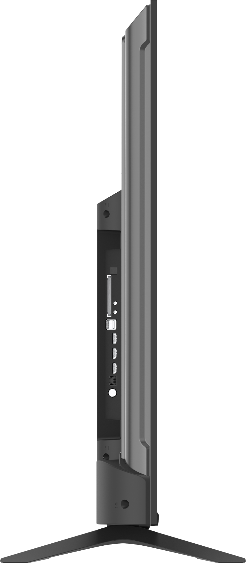 Widok z boku szarego telewizora z płaskim ekranem z czarnym stojakiem. Porty są widoczne z boku. Tło jest czarne.