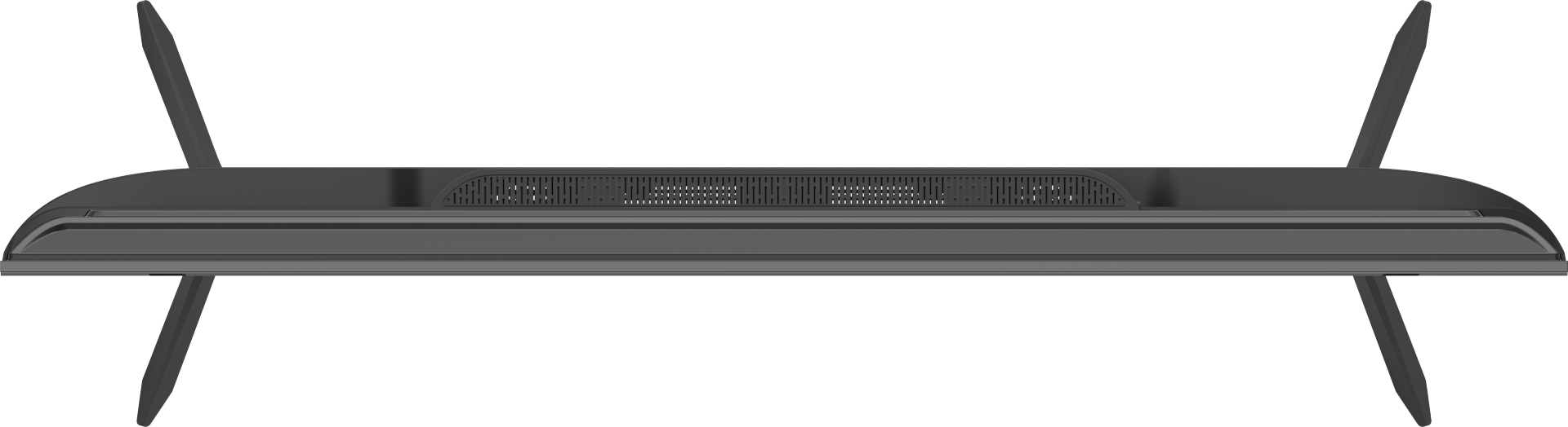 Czarny telewizor, widok z tyłu, z otworem wentylacyjnym i dwiema antenami. Stoi na czarnych nogach na czarnym tle.