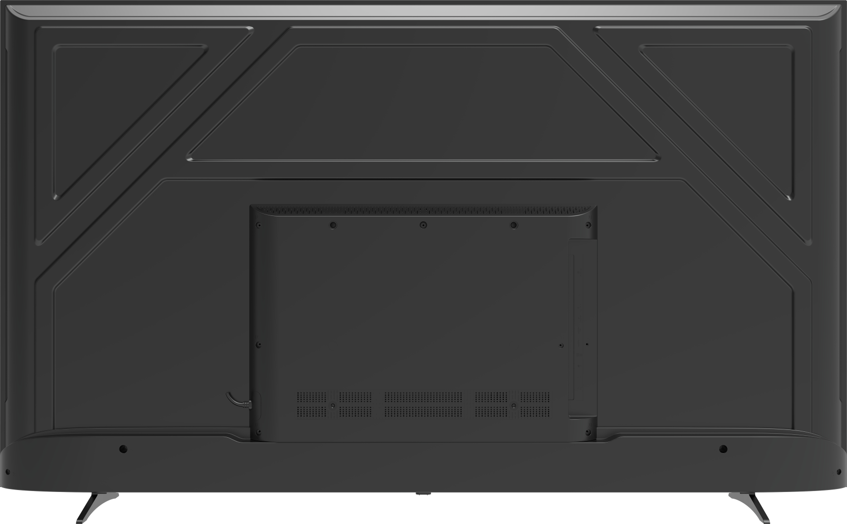Tył czarnego telewizora z płaskim ekranem. Posiada różne geometryczne wzory i otwory wentylacyjne. Metalowe nogi są widoczne na dole.