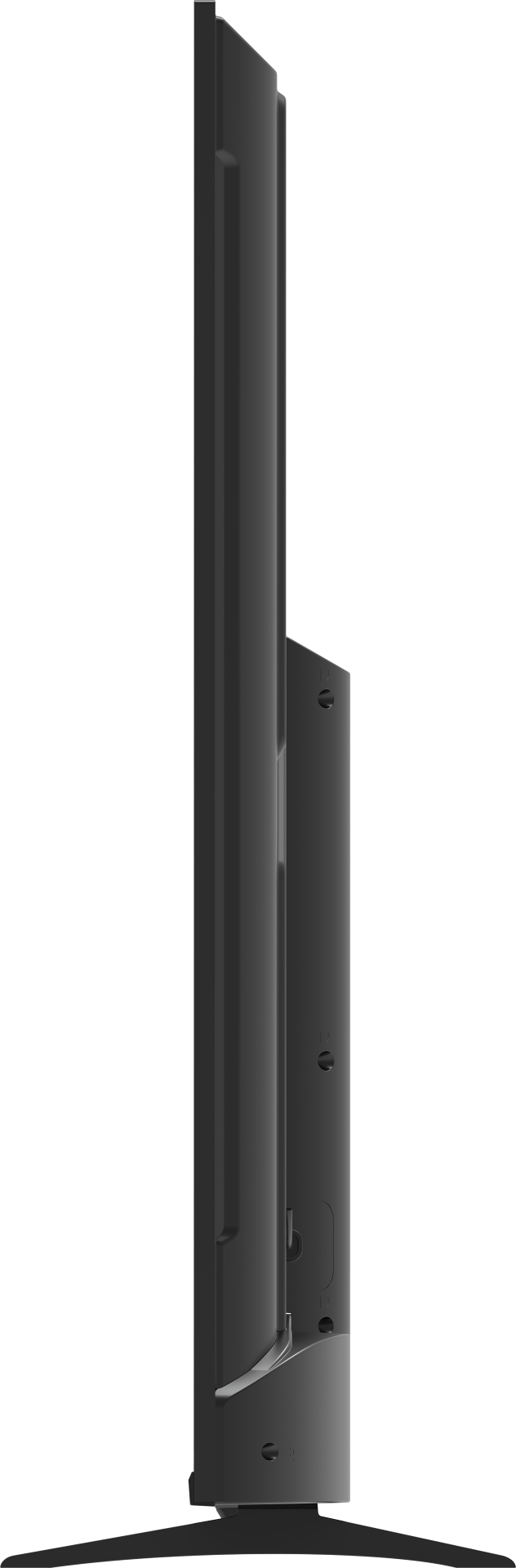 Widok z boku czarnego, nowoczesnego telewizora z płaskim ekranem. Telewizor jest wyłączony i ma podstawę.