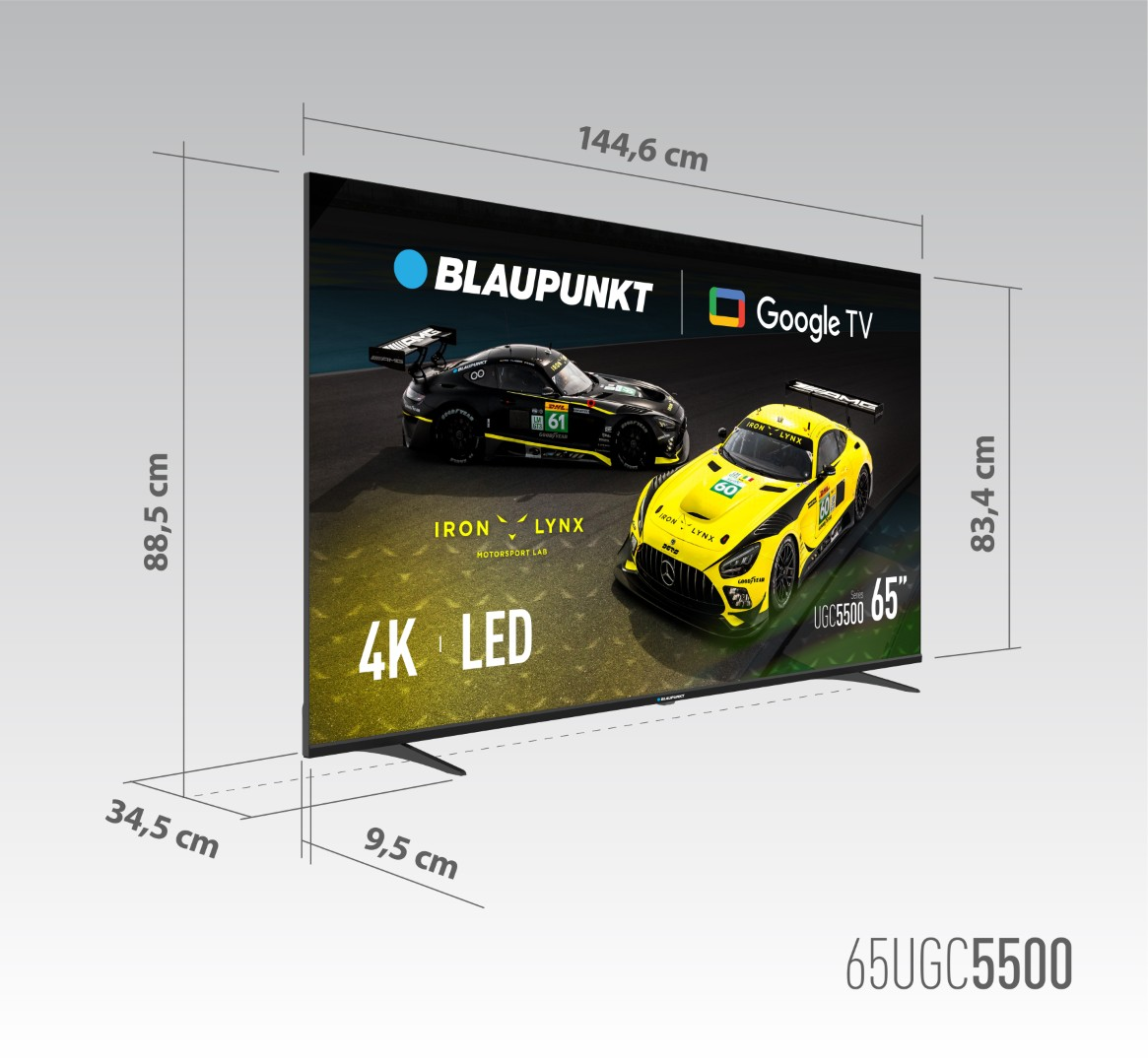 Telewizor Blaupunkt 65" z wyświetlaczem LED 4K. Ekran pokazuje dwa samochody wyścigowe. Wymiary są wyświetlane w cm.