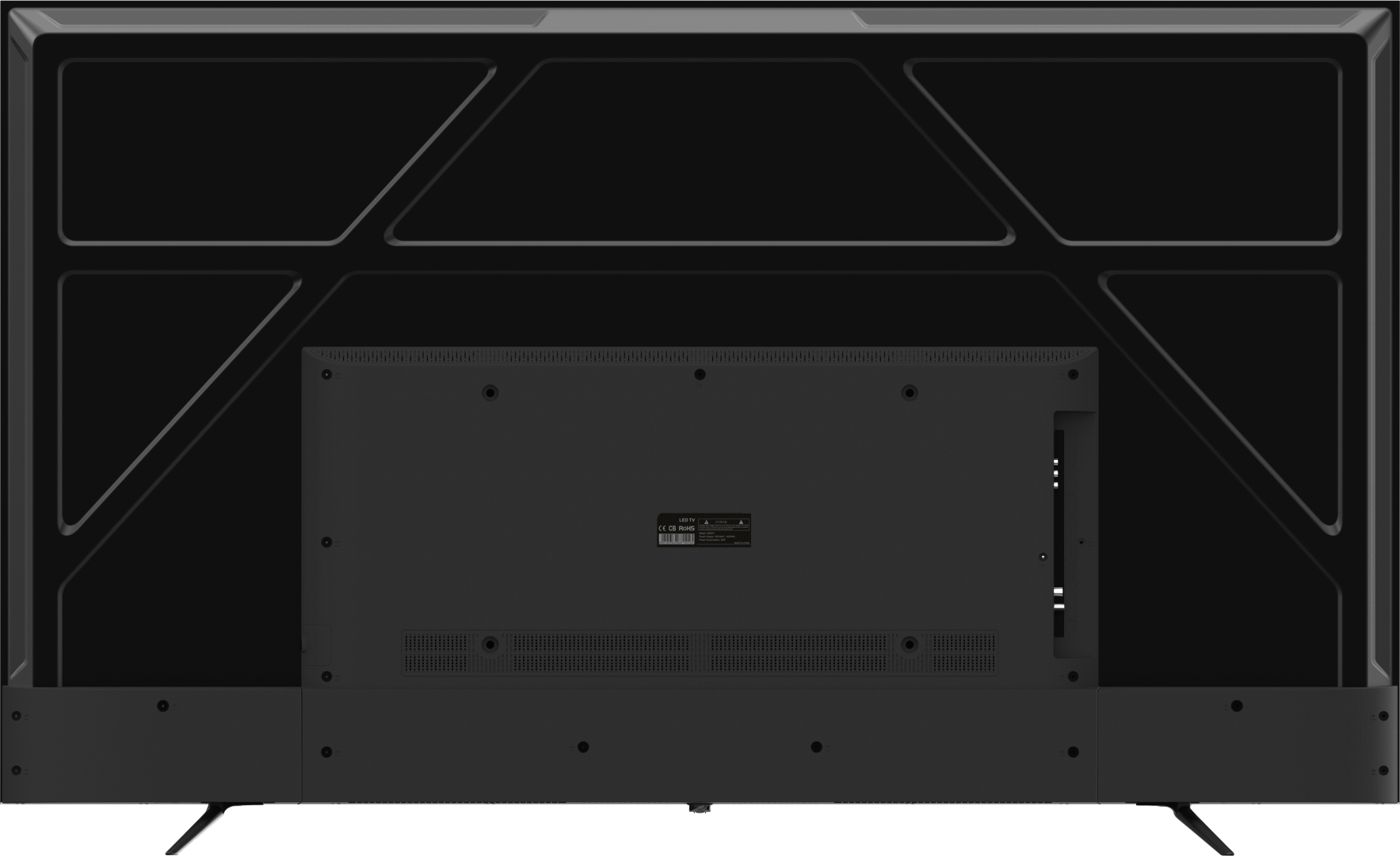 Tył czarnego telewizora LED. Ma prostokątny kształt z konstrukcją nośną, z centralnym panelem z portami i etykietą.