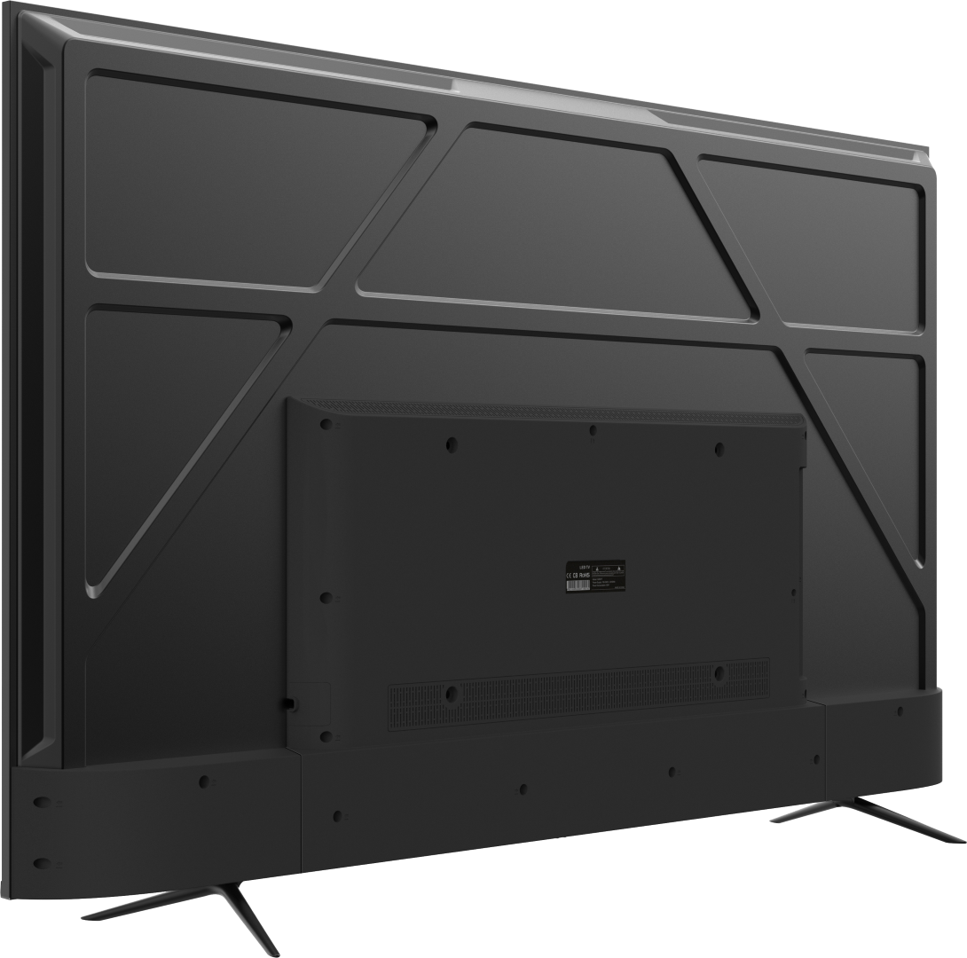 Widok z tyłu czarnego telewizora. Tylny panel ma różne tekstury i kształty, ze stojakiem i etykietą.