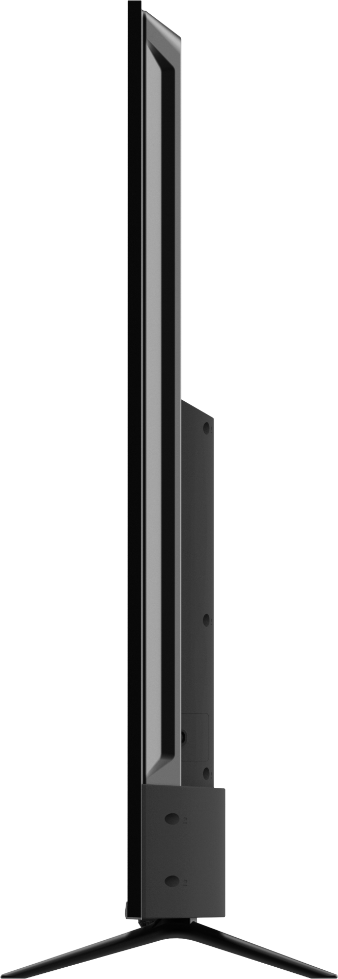 Widok z boku czarnego telewizora. Ma cienką ramkę, podstawę i czarne tło.