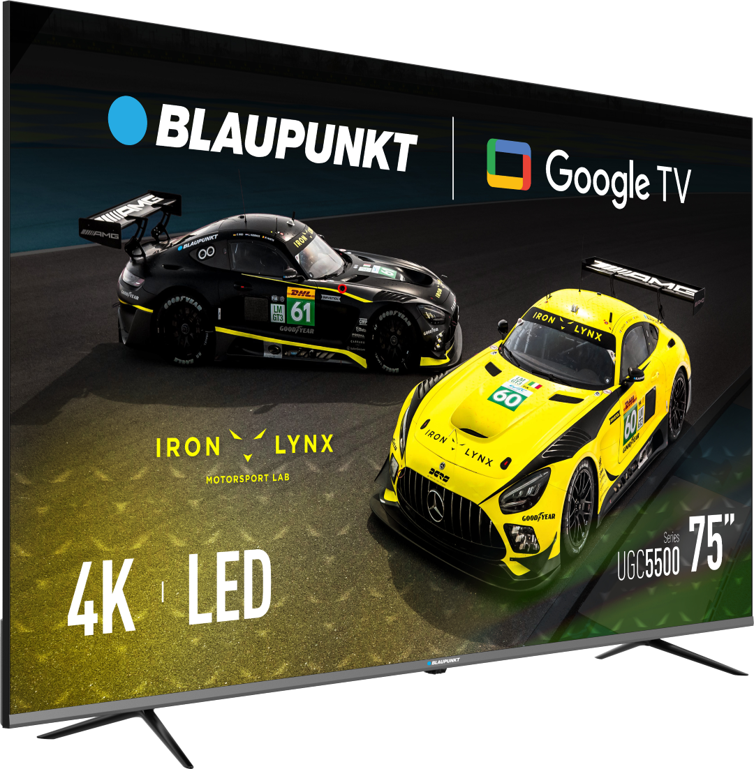 75-calowy telewizor Blaupunkt wyświetla dwa samochody wyścigowe. Jeden czarny, drugi żółty. Loga to Google TV, Iron Lynx i Good Year.