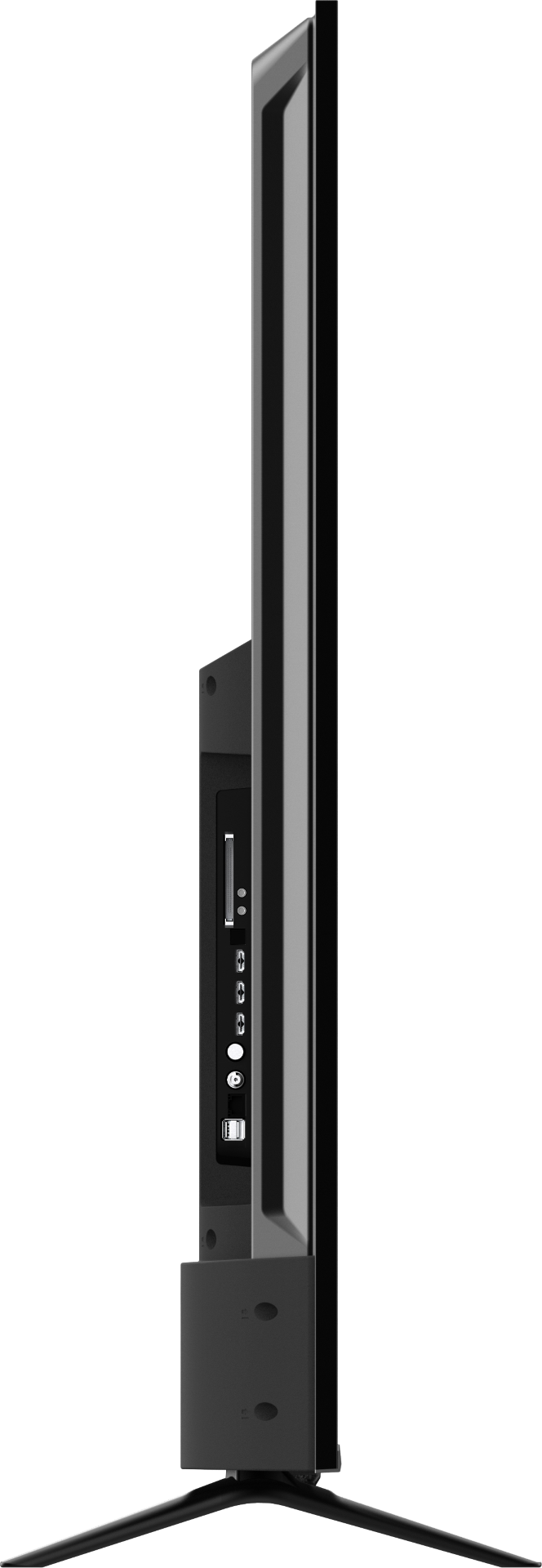 Widok z boku czarnego telewizora z płaskim ekranem. Porty i połączenia widoczne z boku, z czarną podstawą.