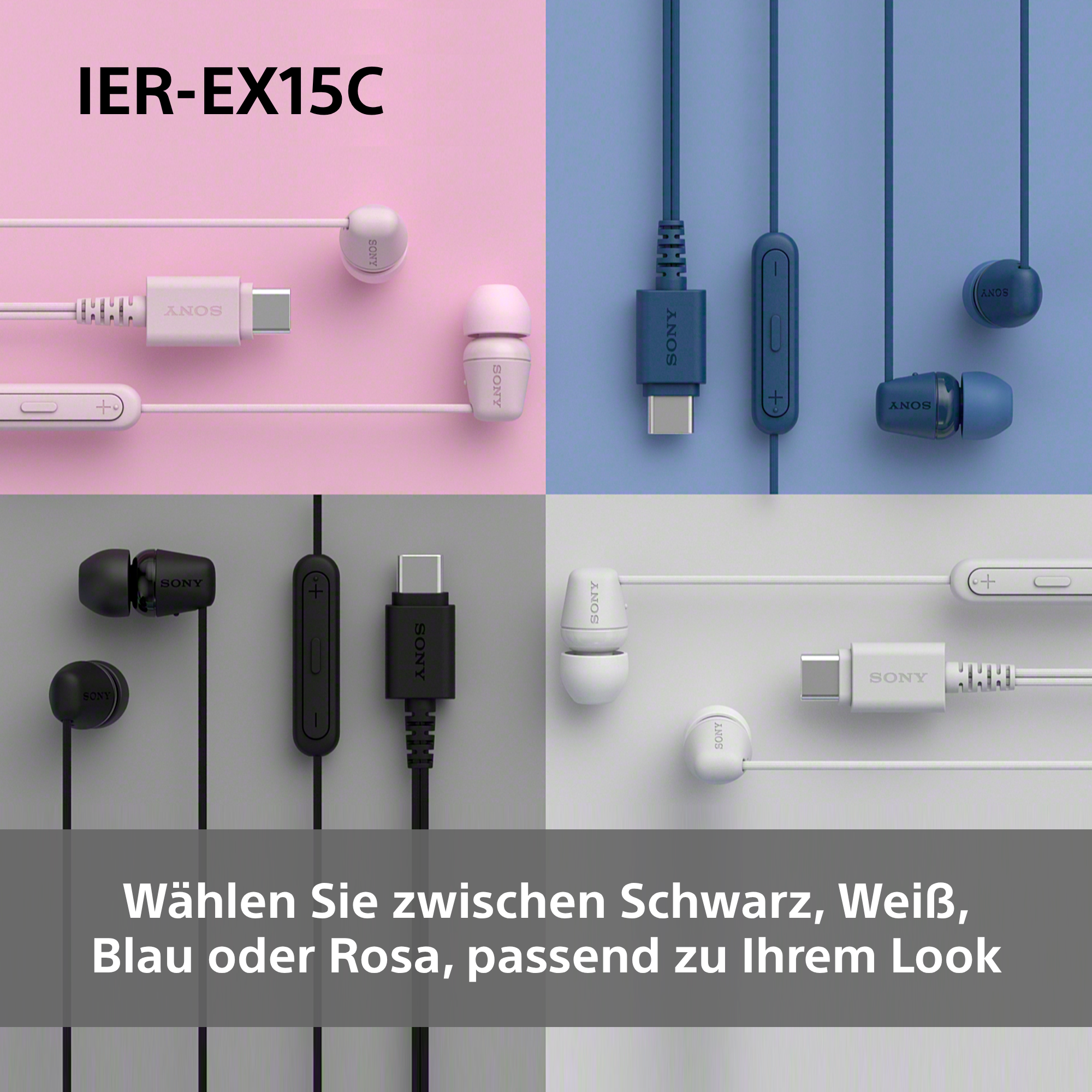 Das Bild zeigt Sony IER-EX15C Ohrhörer in Schwarz, Weiß, Blau und Pink. Jede Farbe zeigt die Ohrhörer und einen USB-C-Anschluss.