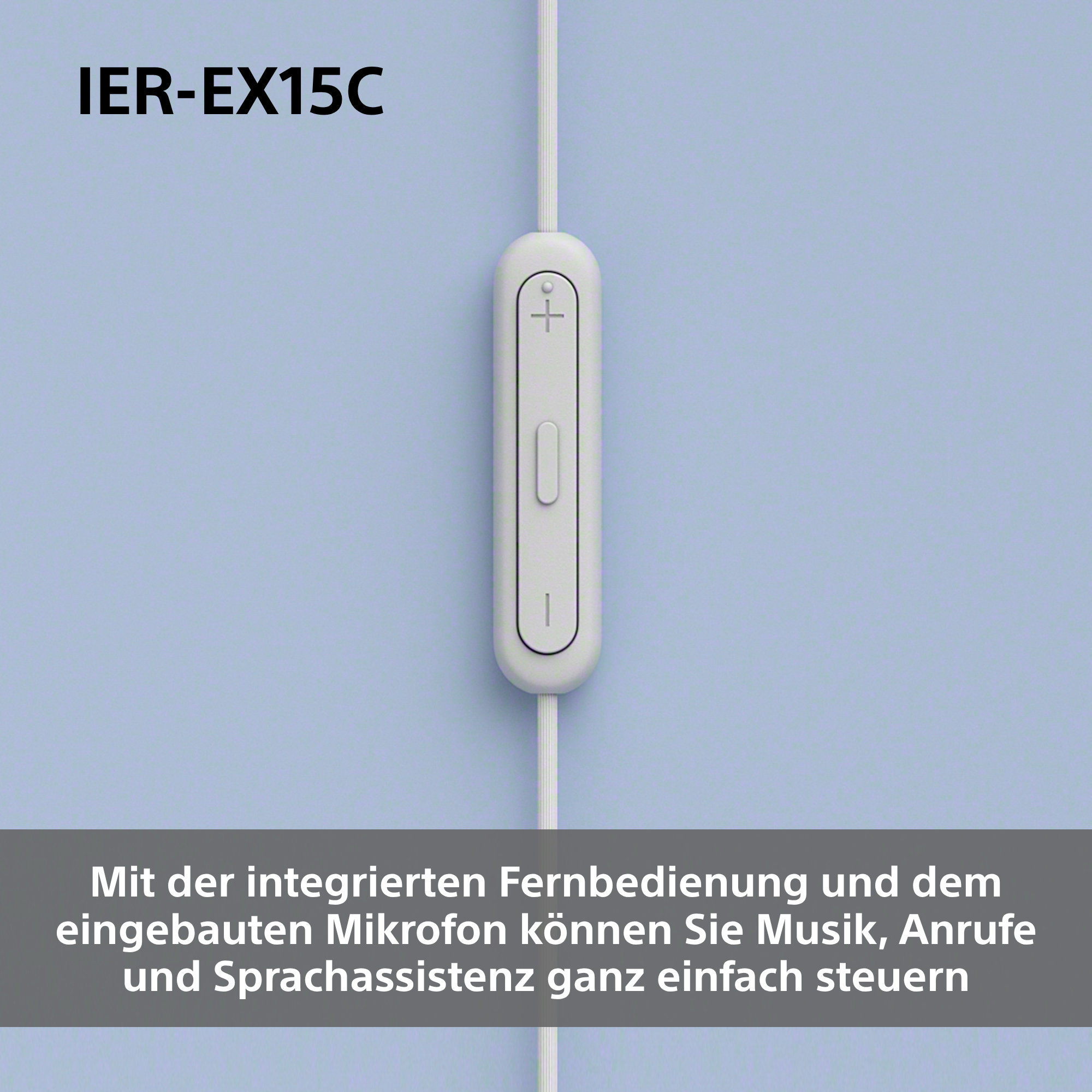 Weiße Fernbedienung mit Plus- und Minus-Tasten auf blauem Hintergrund. Text oben und unten auf Deutsch.