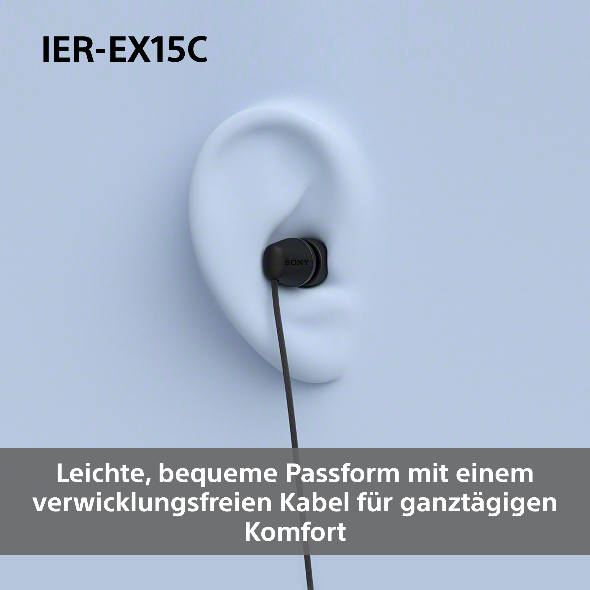 Ohrhörer-Modell im Ohr auf blauem Hintergrund. Der Ohrhörer ist schwarz mit Sony-Logo. Text unten beschreibt die Eigenschaften.