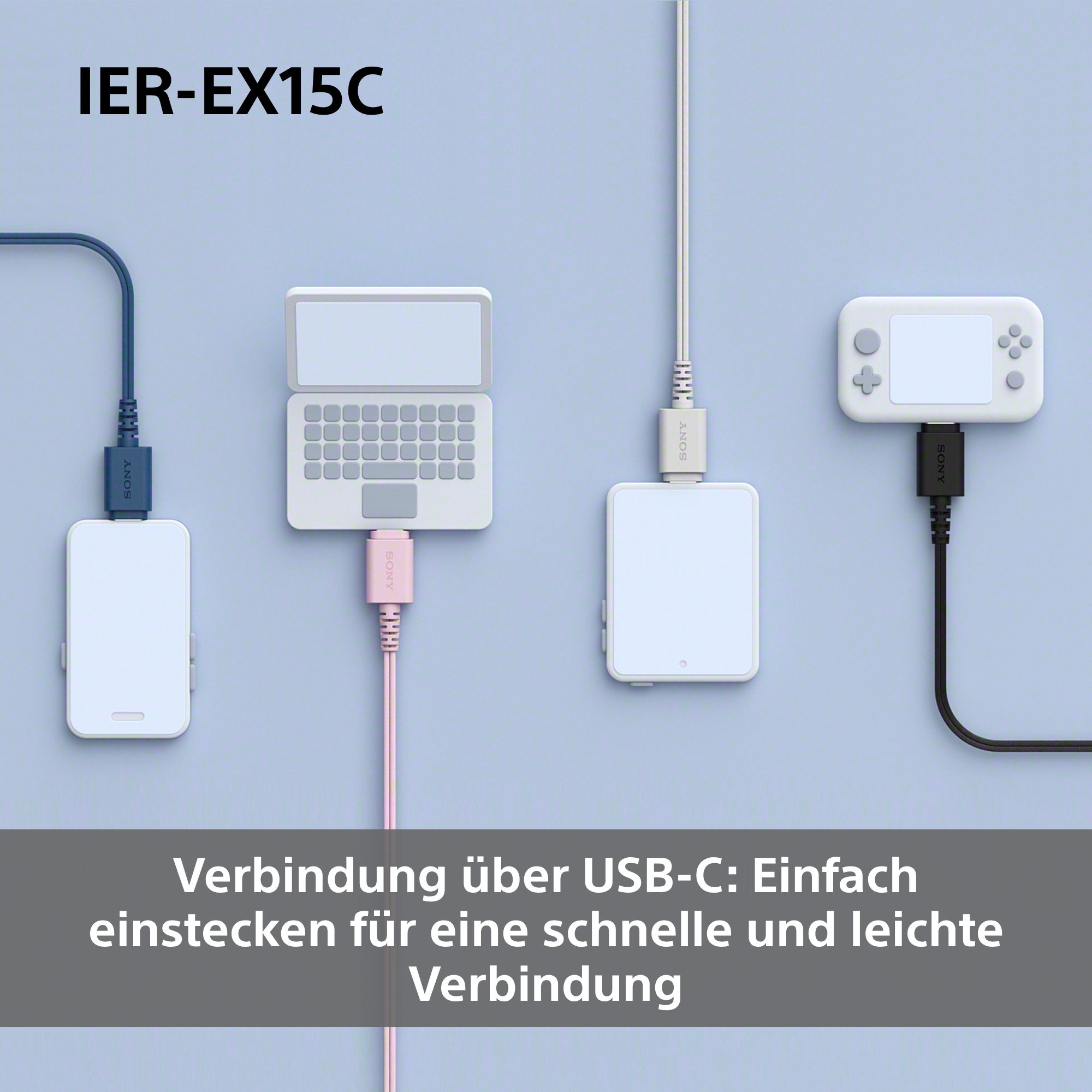Das Bild zeigt verschiedene Geräte, die über USB-C-Kabel verbunden sind. Der Hintergrund ist hellblau. Text unten.