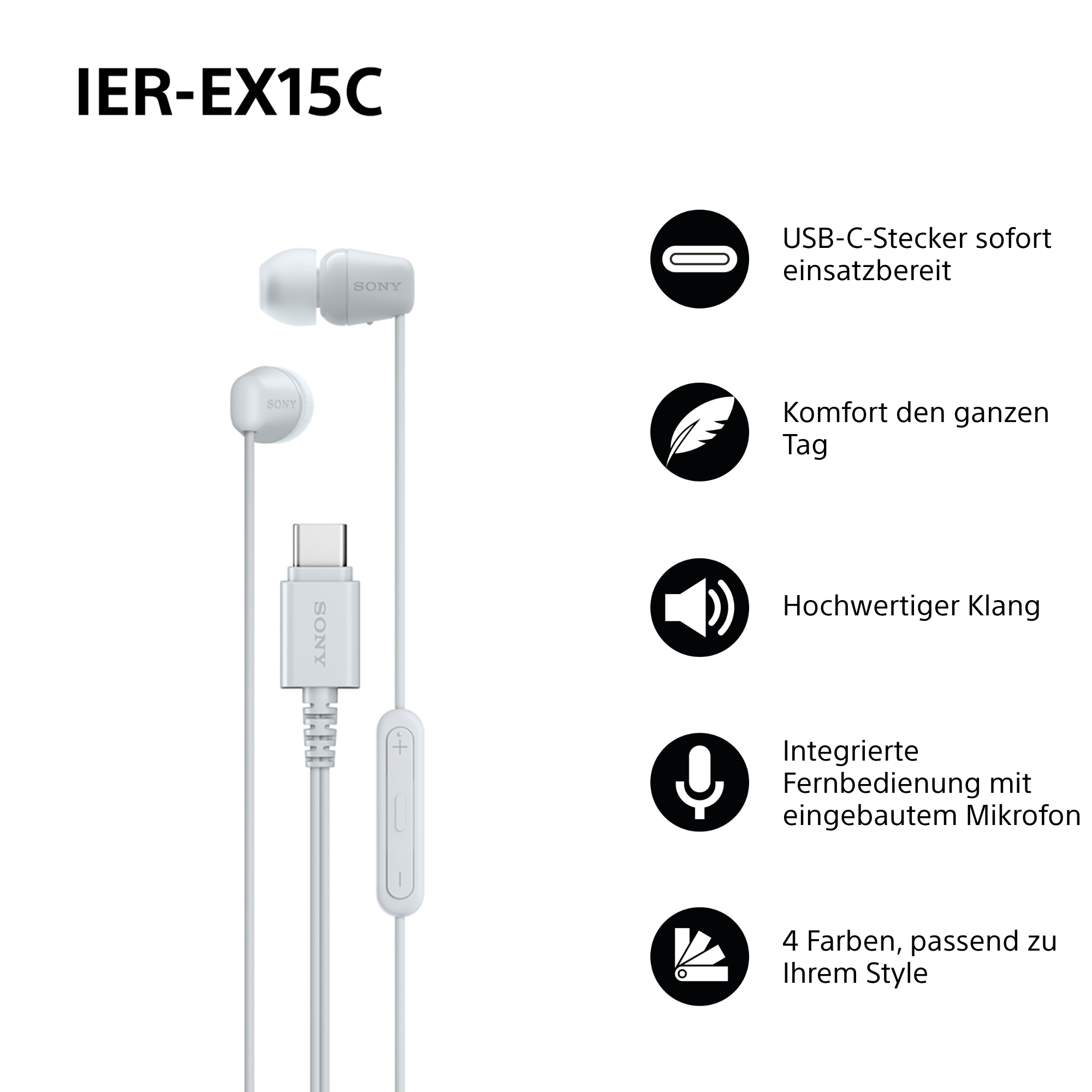 Weiße Sony-Ohrhörer mit USB-C-Anschluss, integrierter Fernbedienung und in 4 Farben erhältlich.