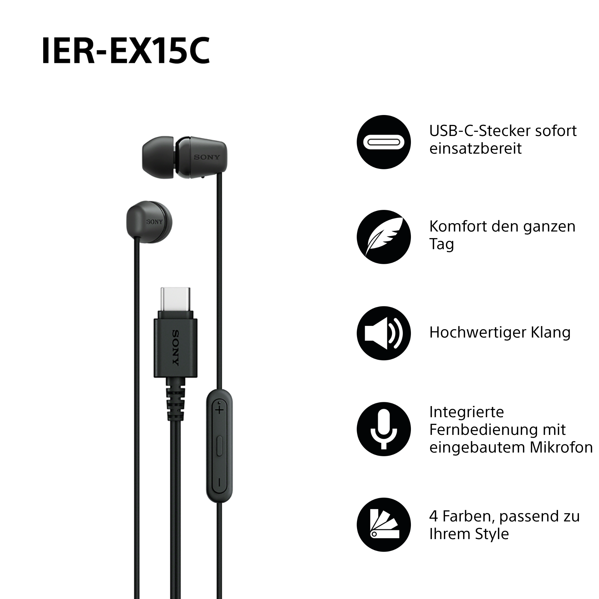 Schwarze Sony-Ohrhörer mit USB-C-Anschluss. Das Bild zeigt die Ohrhörer und Funktionen wie Komfort, Klangqualität und Fernbedienung.