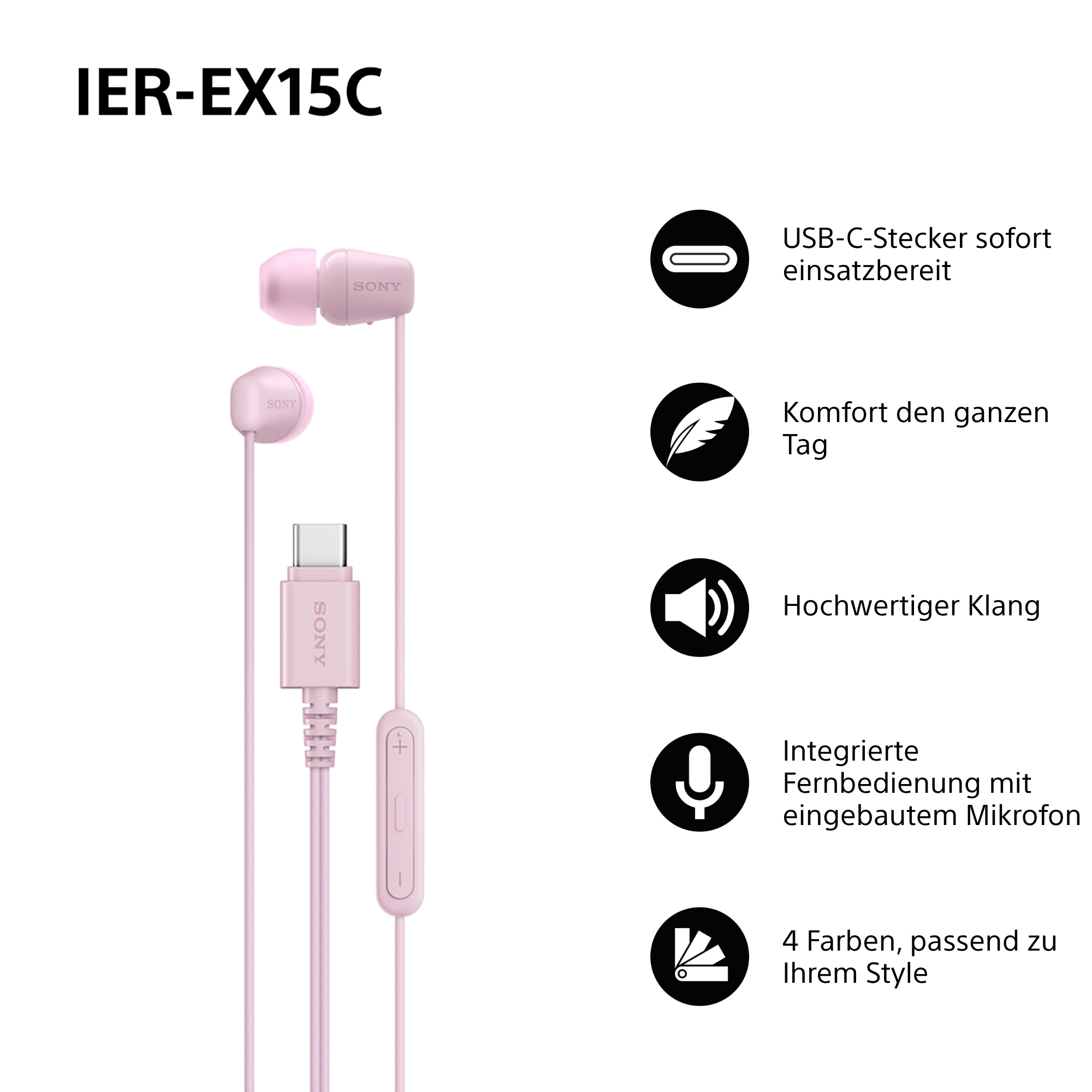Rosa Sony-Ohrhörer mit USB-C-Anschluss. Funktionen: Komfort, hochwertiger Klang, Fernbedienung und mehrere Farben.