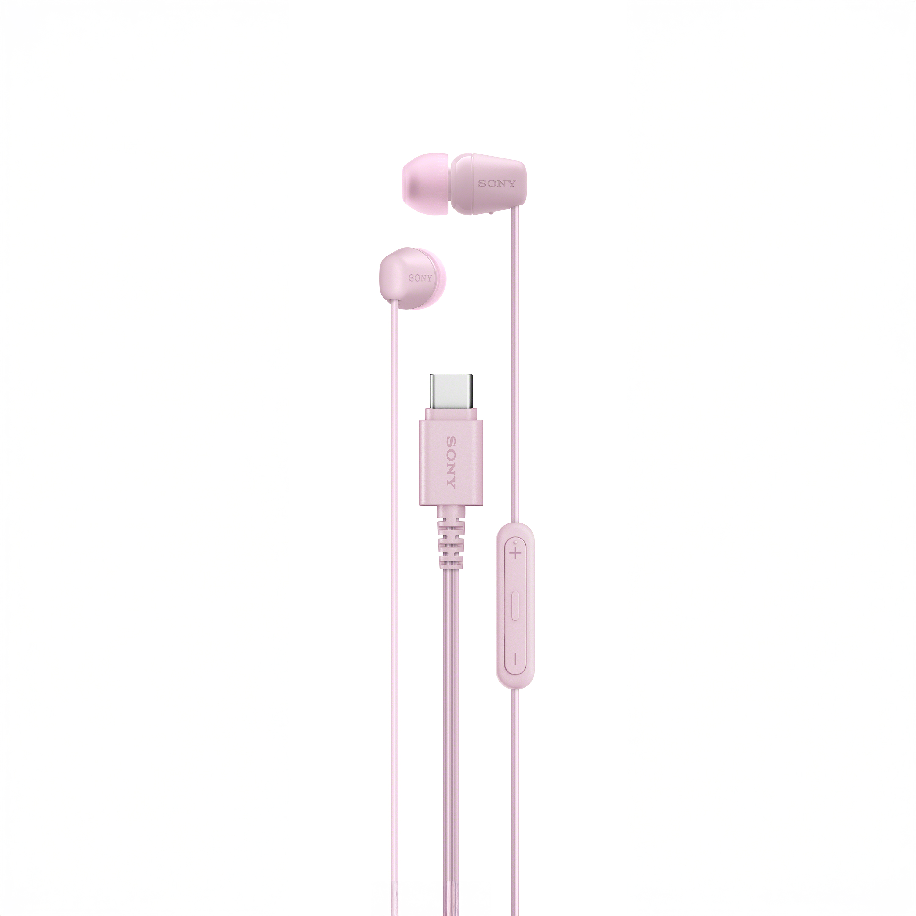 Rosa Sony-Ohrhörer mit USB-C-Anschluss und Inline-Steuerung. Der Hintergrund ist weiß.