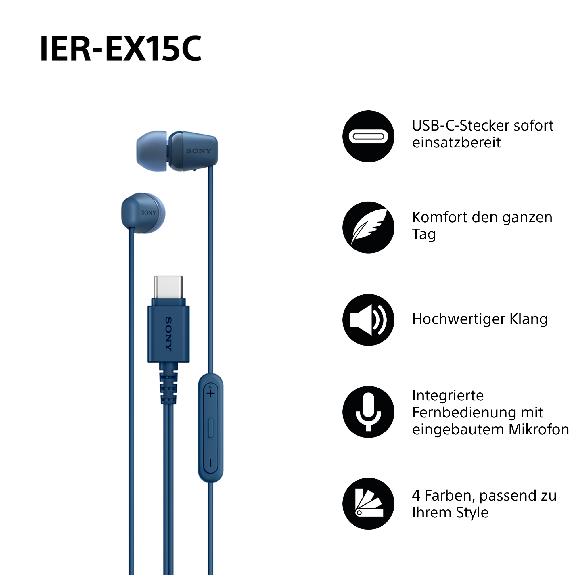 Blaue Sony IER-EX15C-Ohrhörer mit USB-C-Anschluss und Inline-Fernbedienung. Merkmale sind Komfort, hochwertiger Klang und 4 Farben.