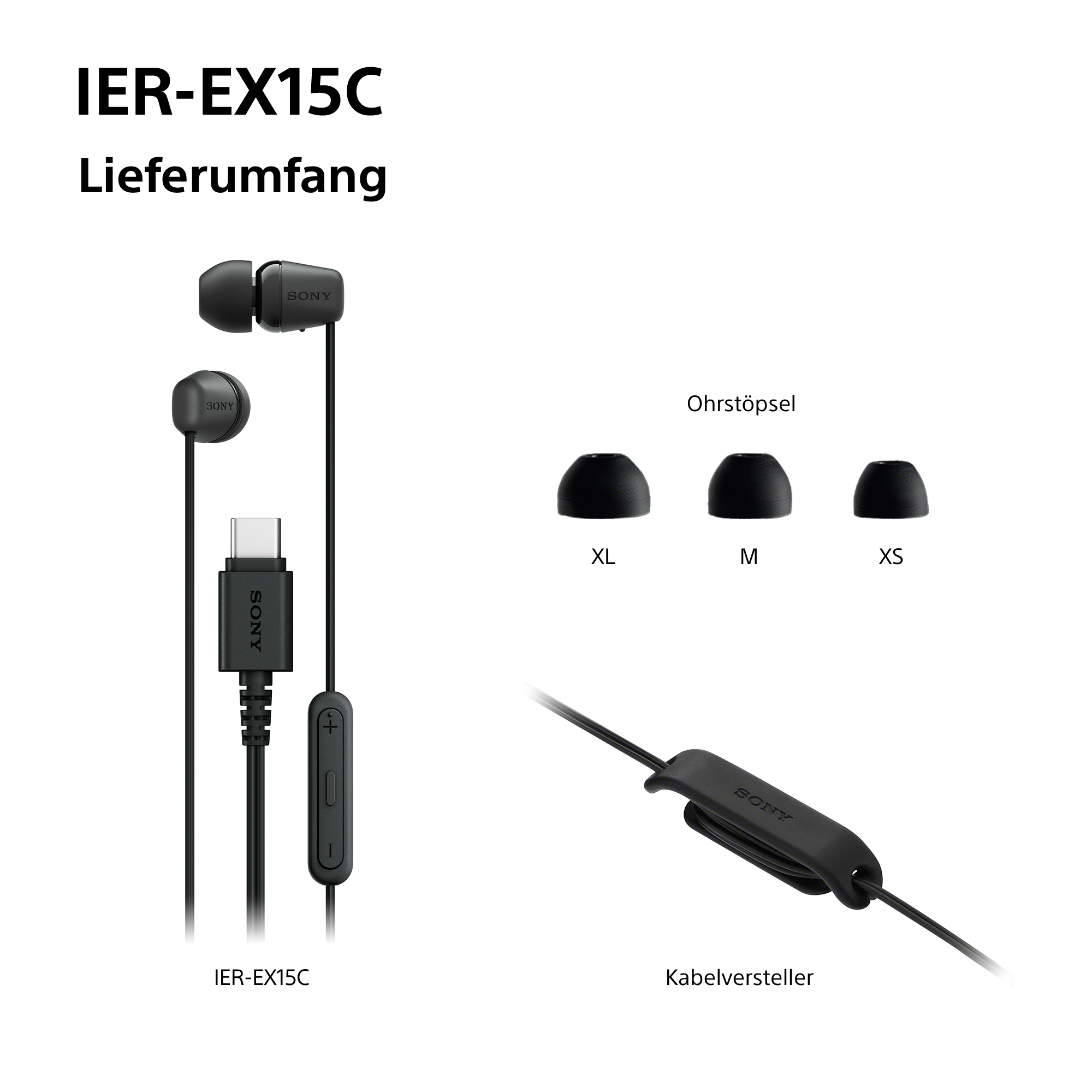 Das Bild zeigt schwarze Sony IER-EX15C-Ohrhörer mit zusätzlichen Ohrstöpseln und Kabelclip. Produktname und Teile sind beschriftet.