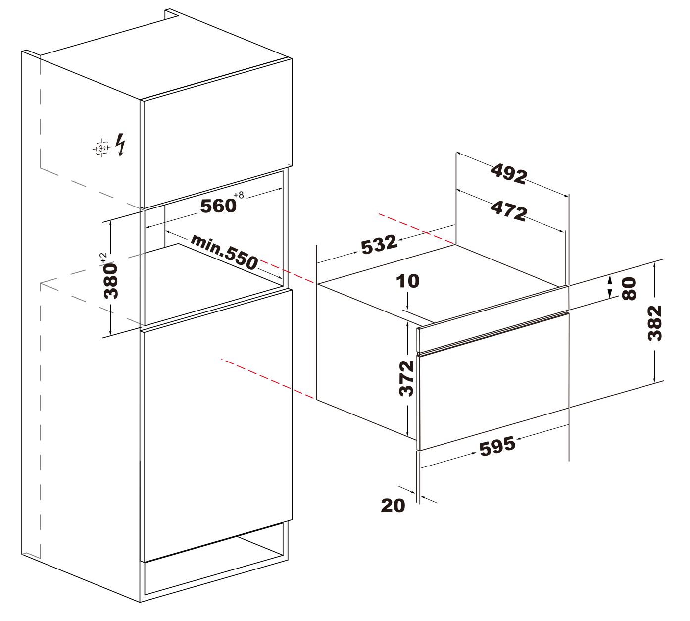 Beépíthető sütő diagramja, méretekkel milliméterben. Tartalmazza a szekrény és a sütő méreteit, villám szimbólumot és számokat.