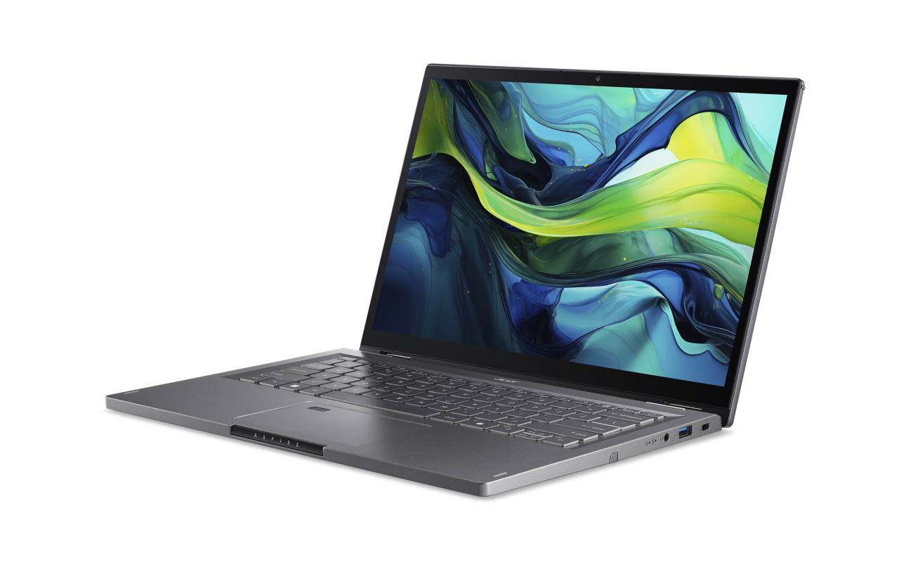 Ein silberner Laptop mit einem Bildschirm, der ein farbenfrohes, abstraktes Design zeigt. Der Laptop ist leicht geöffnet.
