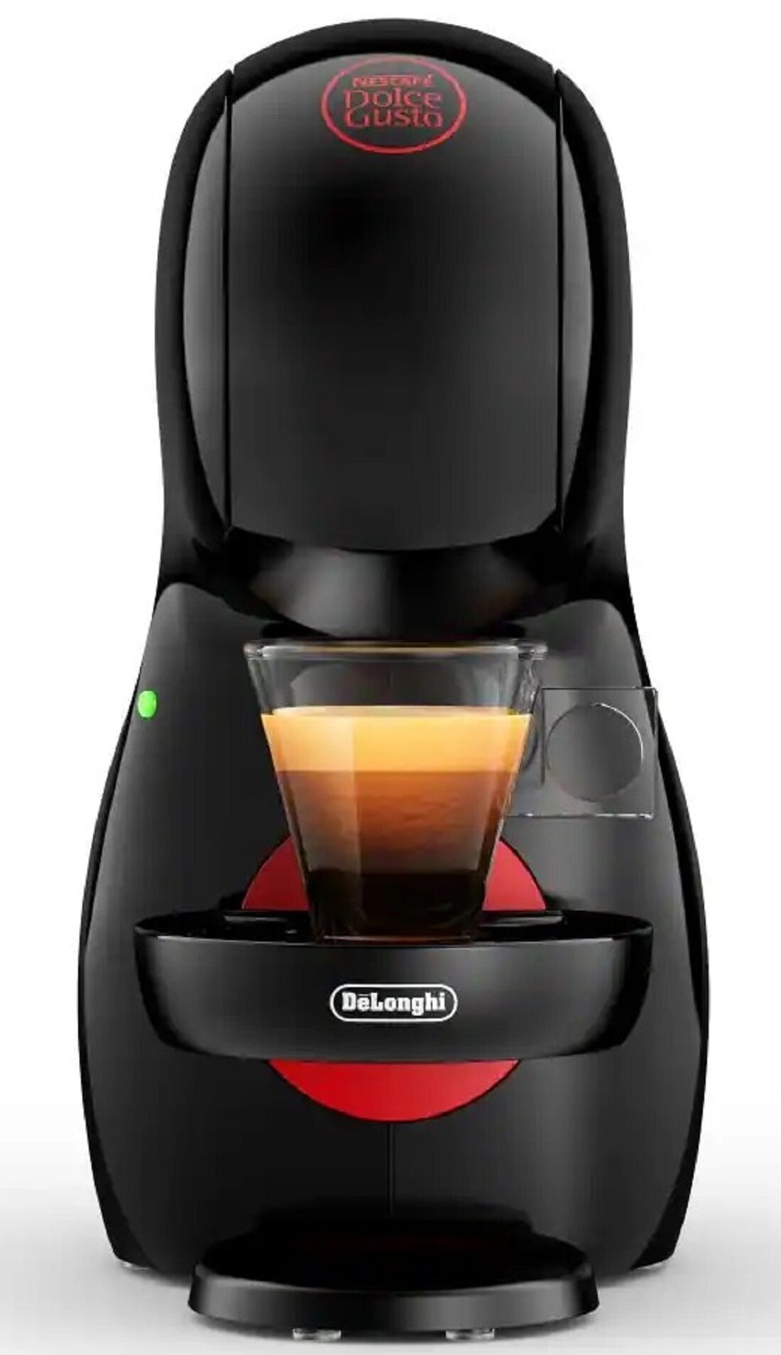 Czarny ekspres do kawy Dolce Gusto ze szklanką kawy. Maszyna ma czerwone koło i logo. Kawa ma warstwy.