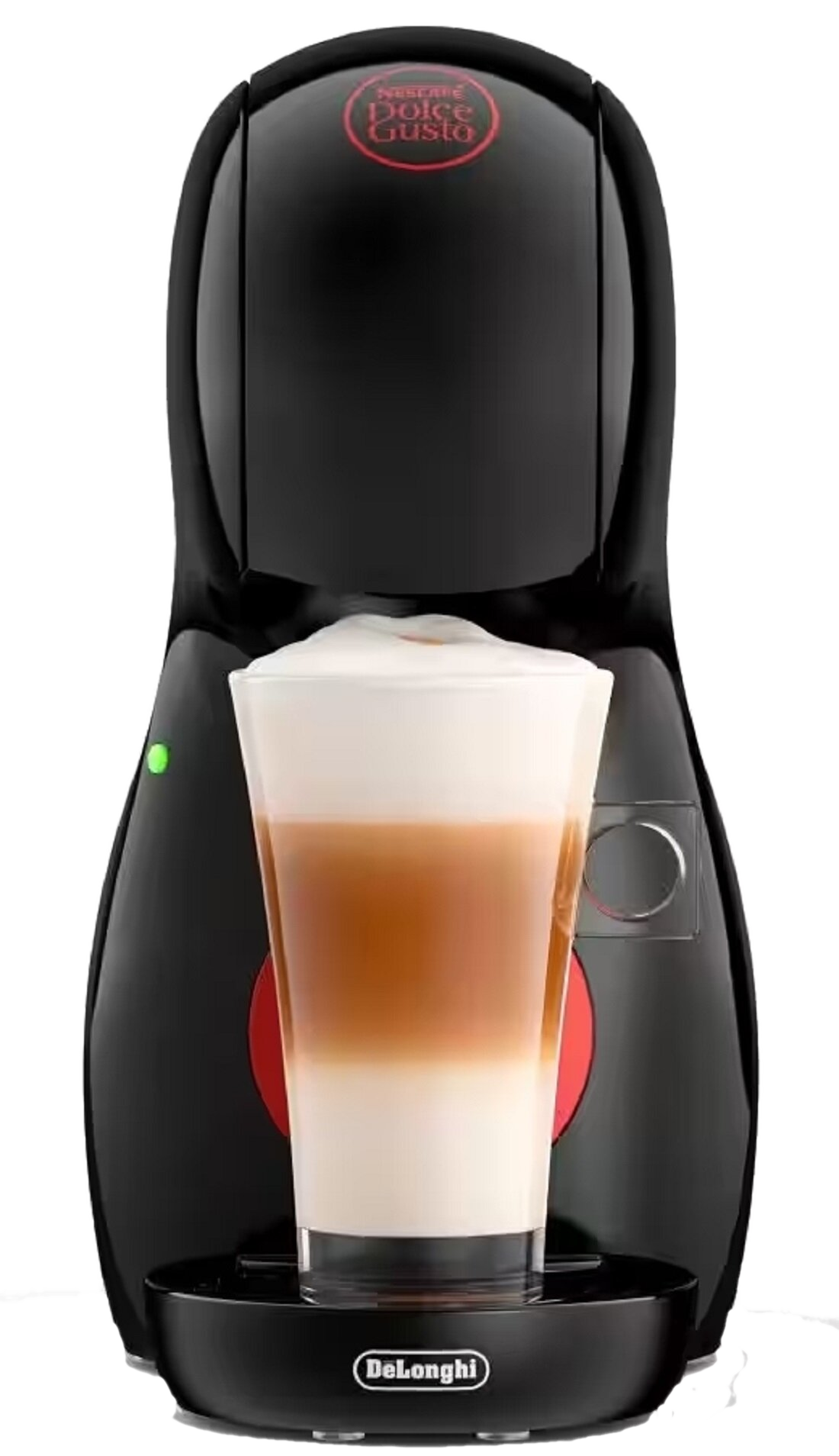Czarny ekspres do kawy Dolce Gusto ze szklanką warstwowej kawy z przodu. Kawa ma białą pianę, brązowe i białe warstwy.