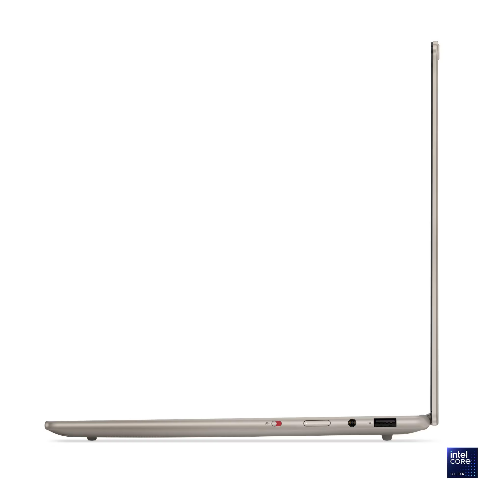 Egy laptop oldalsó nézete. Ezüstszürke, portokkal, bekapcsológombbal és Intel Core Ultra matricával.
