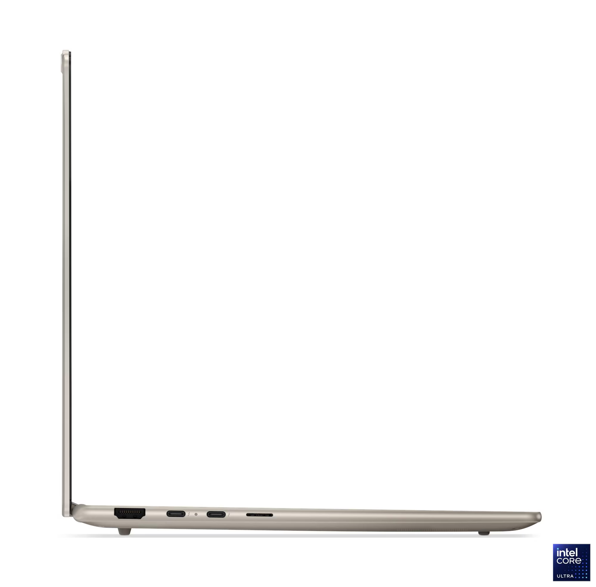 Világos színű laptop oldalsó nézete fehér háttérrel. USB, HDMI és SD-kártya nyílás látható.