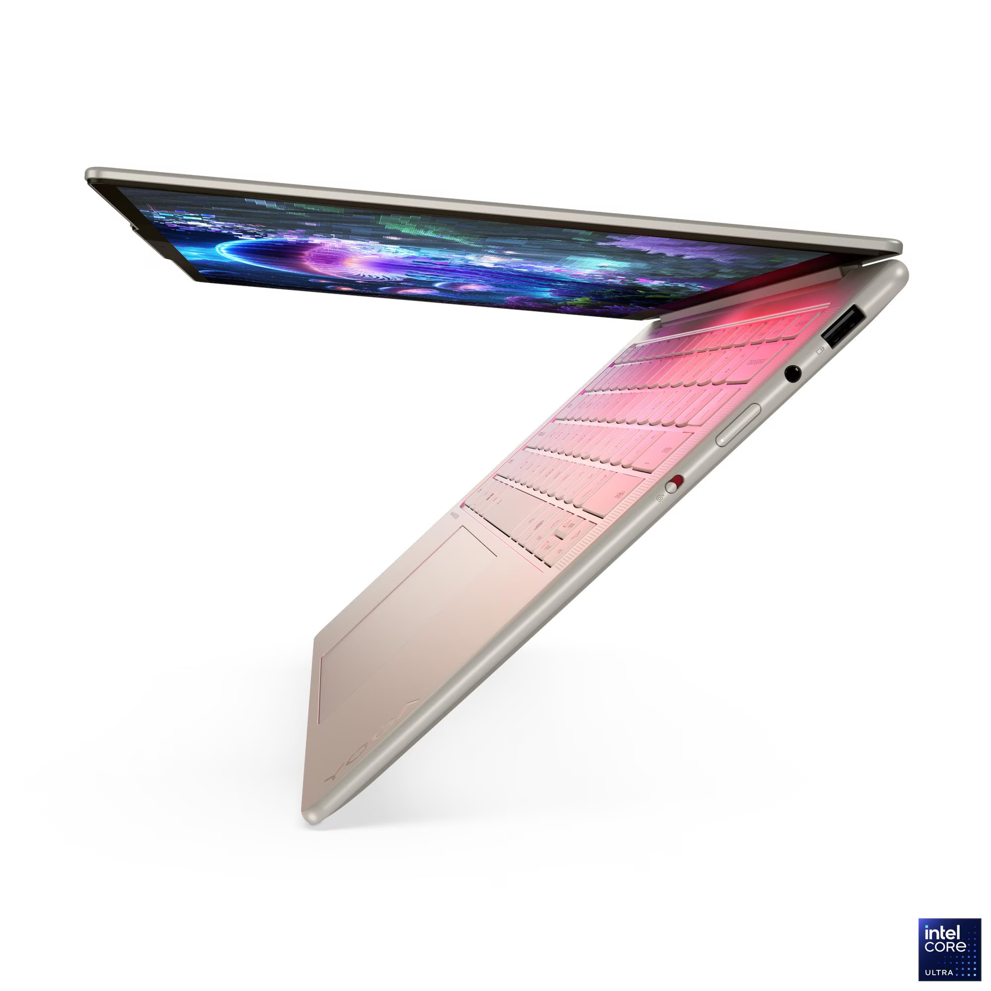 Egy félig nyitott laptop. A képernyő színes képet mutat, a billentyűzet rózsaszínben világít, a ház világos arany.