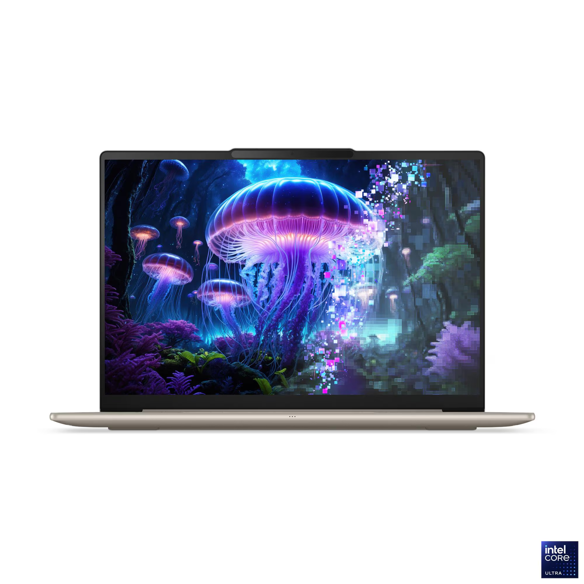Egy laptop egy víz alatti jelenetet jelenít meg, világító medúzákkal, lila korallokkal és pixeles háttérrel.