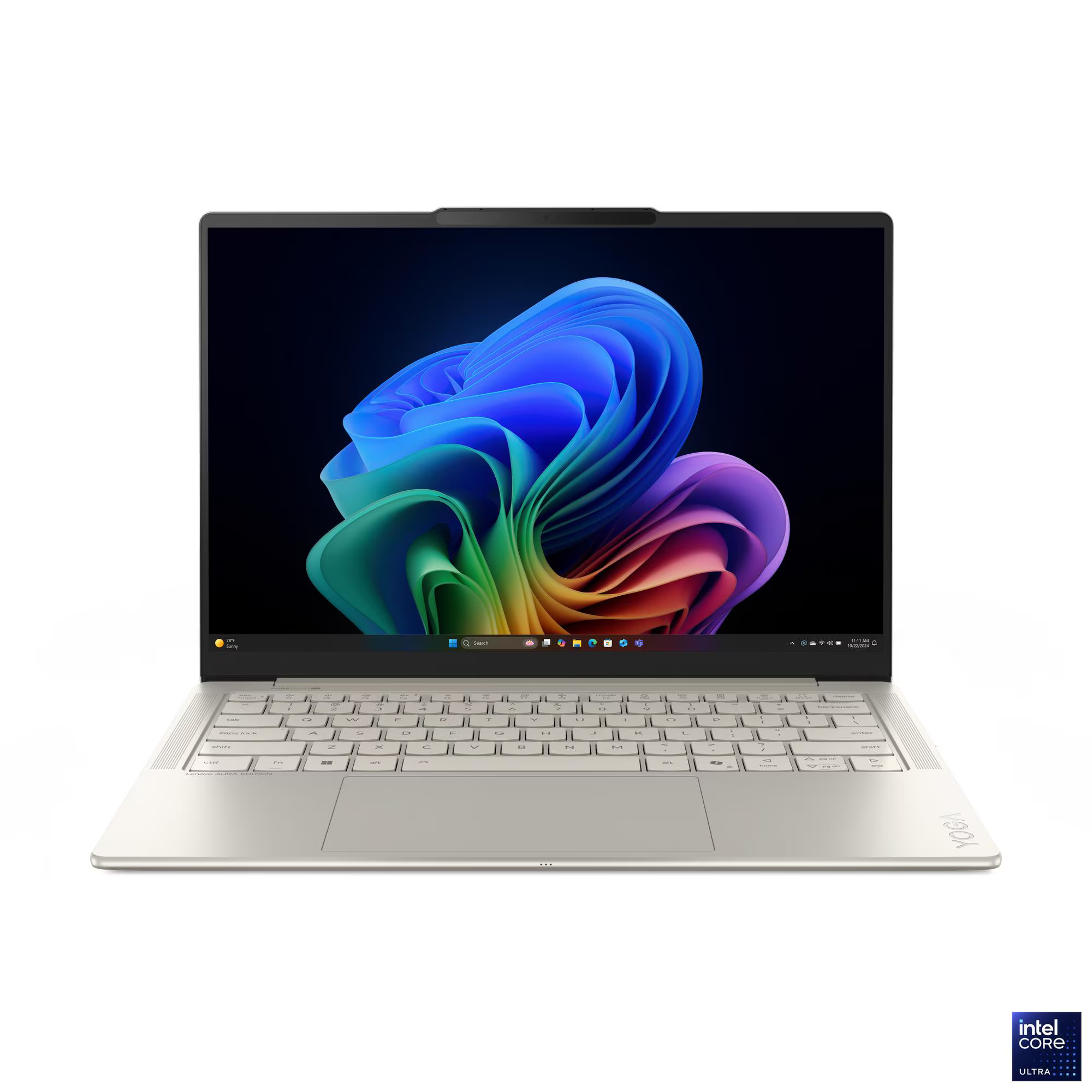 Ezüst laptop színes absztrakt képet mutat. Billentyűzet látható. Intel Core Ultra logó a jobb alsó sarokban.