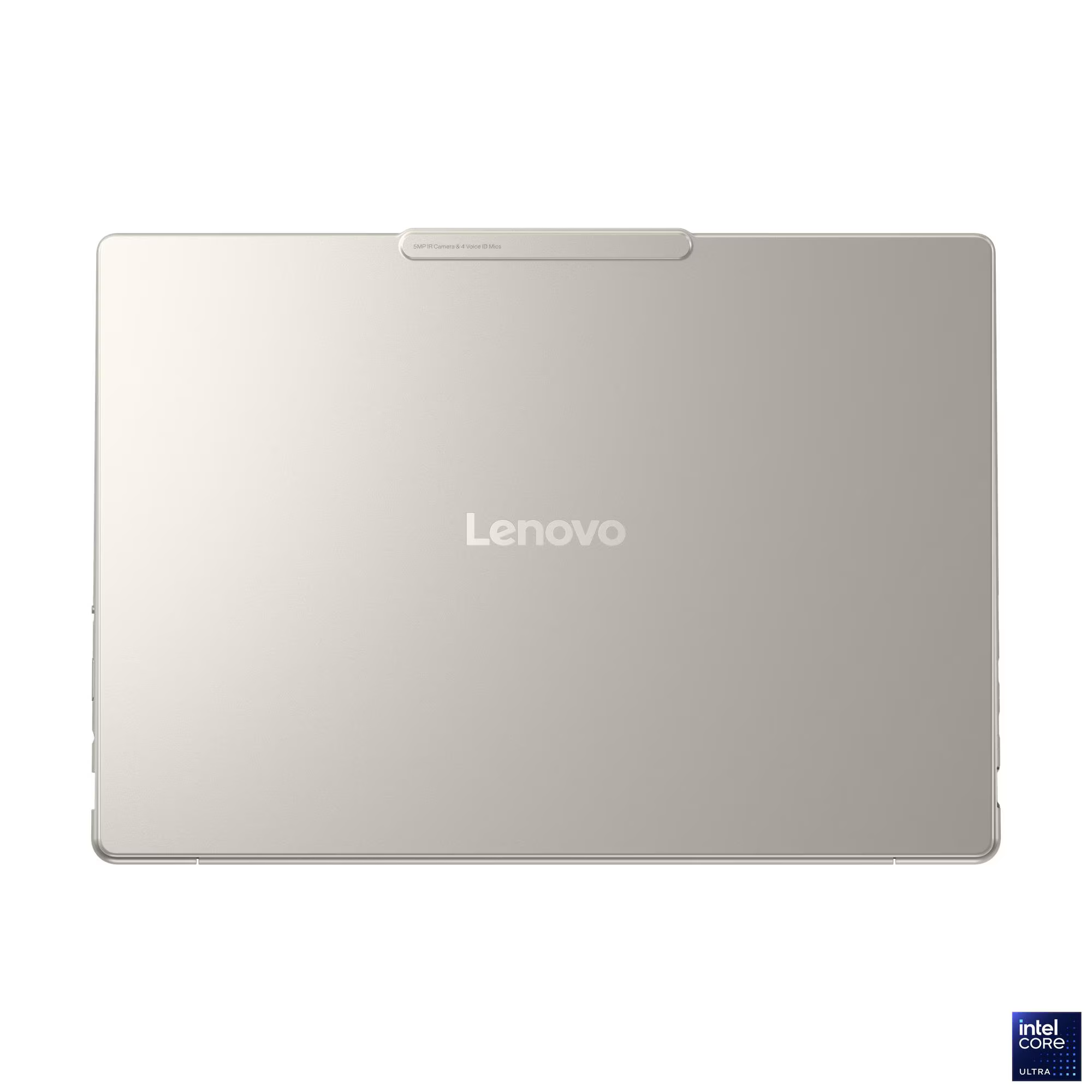 Egy ezüst Lenovo tablet, a hátulja látható a márkalogóval. Felül egy kameracsík, alul egy Intel Core Ultra logó található.