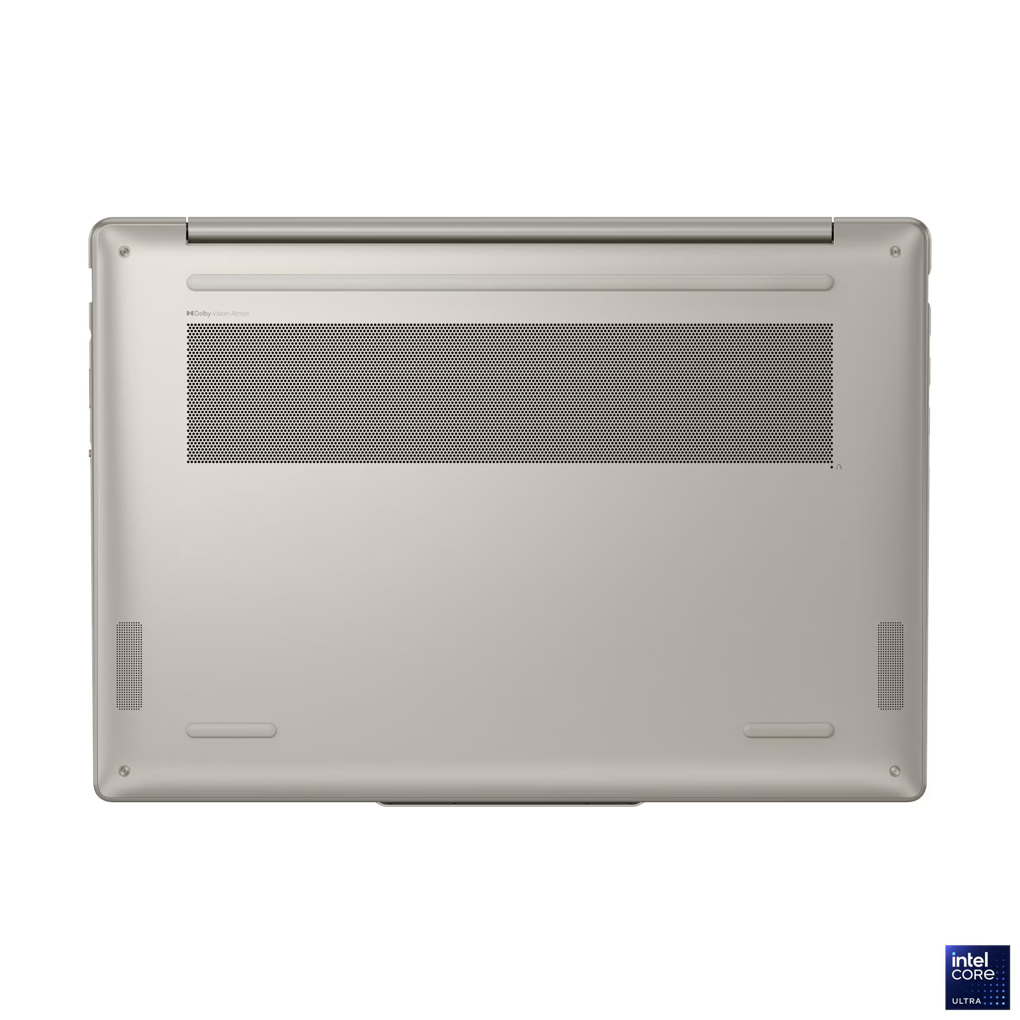 Egy ezüst laptop alsó nézete. Jellemzői: szellőzőrács, hangszórók, és az Intel Core Ultra logó.