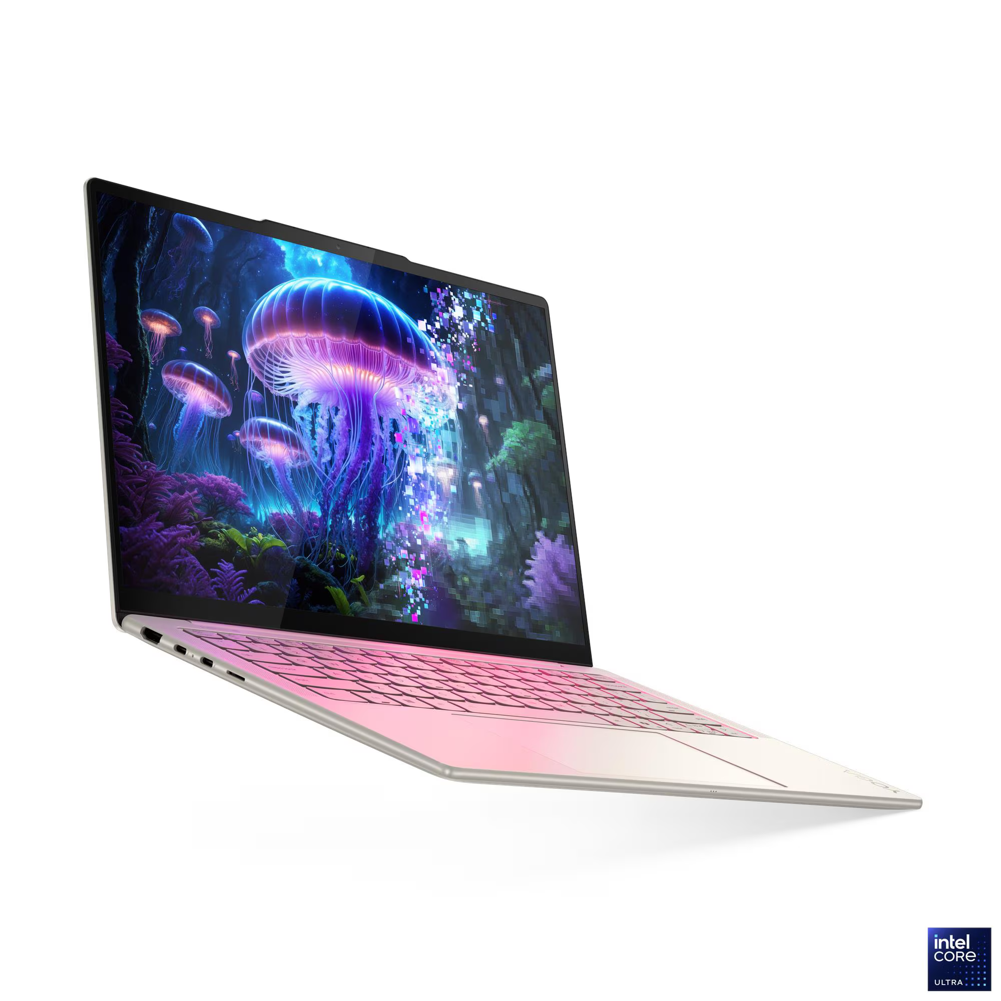 Rózsaszín gradiens billentyűzetes laptop. A képernyő medúzákat jelenít meg egy erdőben. Fehér háttér Intel logóval.