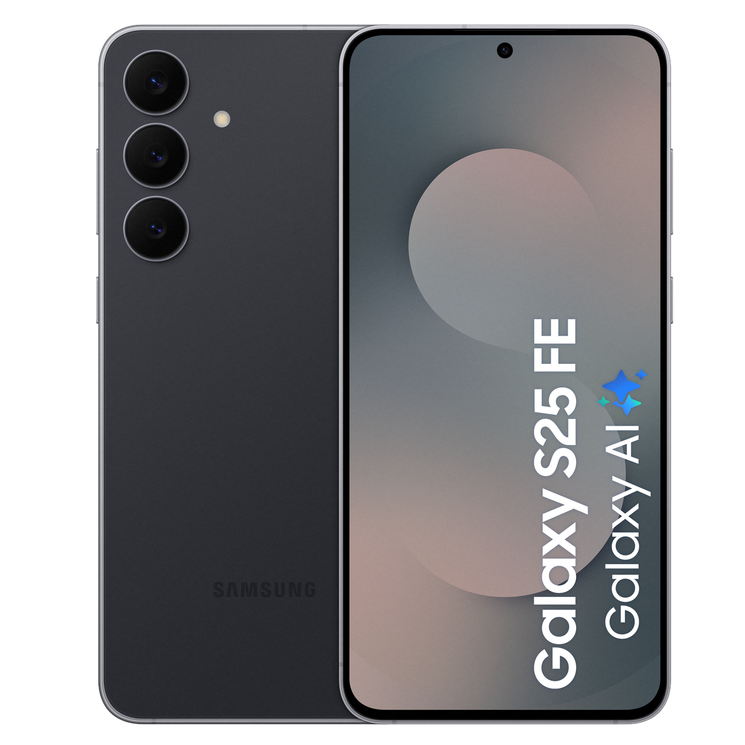 Een donkergrijze Samsung Galaxy S25 FE telefoon. Het heeft drie camera's aan de achterkant en een scherm met een verloop en tekst.