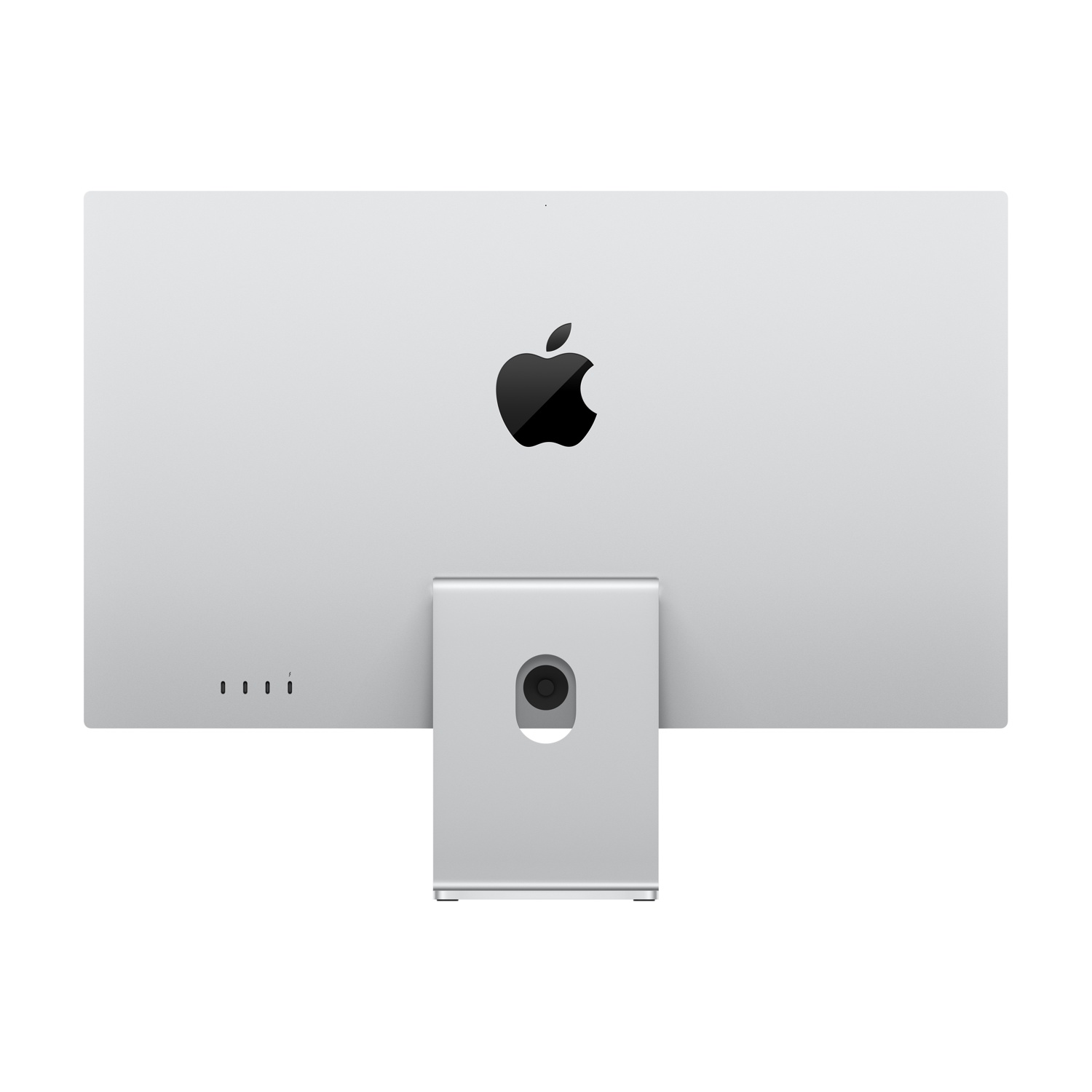 Vista posteriore di un computer iMac argento. Ha il logo Apple, un supporto e le porte. Lo schermo è vuoto.
