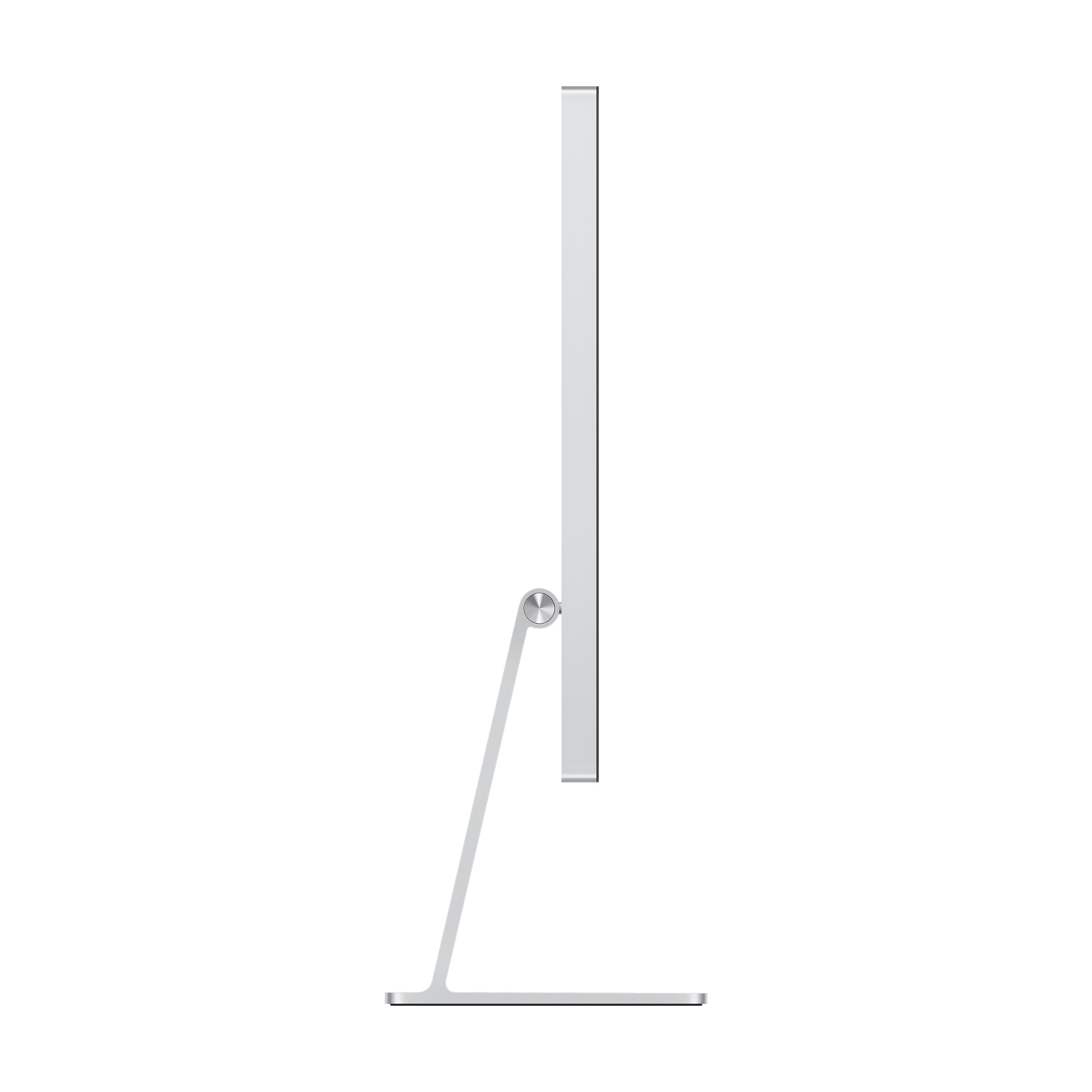 Un monitor di computer argentato è su una superficie bianca. Lo schermo è sottile e il supporto è elegante e moderno.