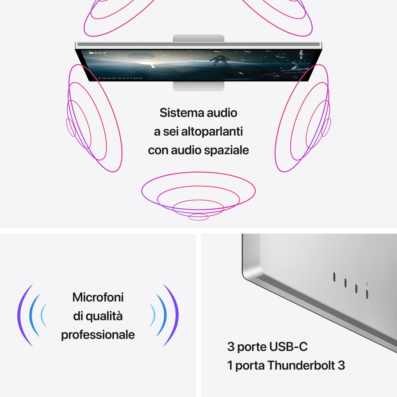 Un monitor del computer argentato mostra una scena spaziale, con diagrammi di altoparlanti. Dettagli includono porte USB-C e Thunderbolt.