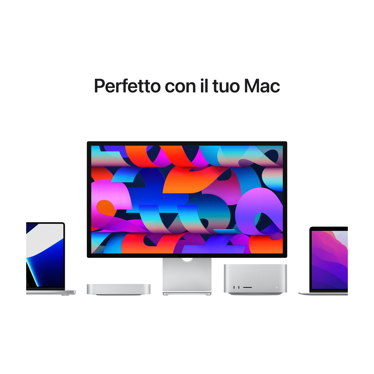 L'immagine mostra una configurazione desktop con un ampio monitor che mostra arte astratta colorata e diversi dispositivi Apple. Il testo dice "Perfetto con il tuo Mac".