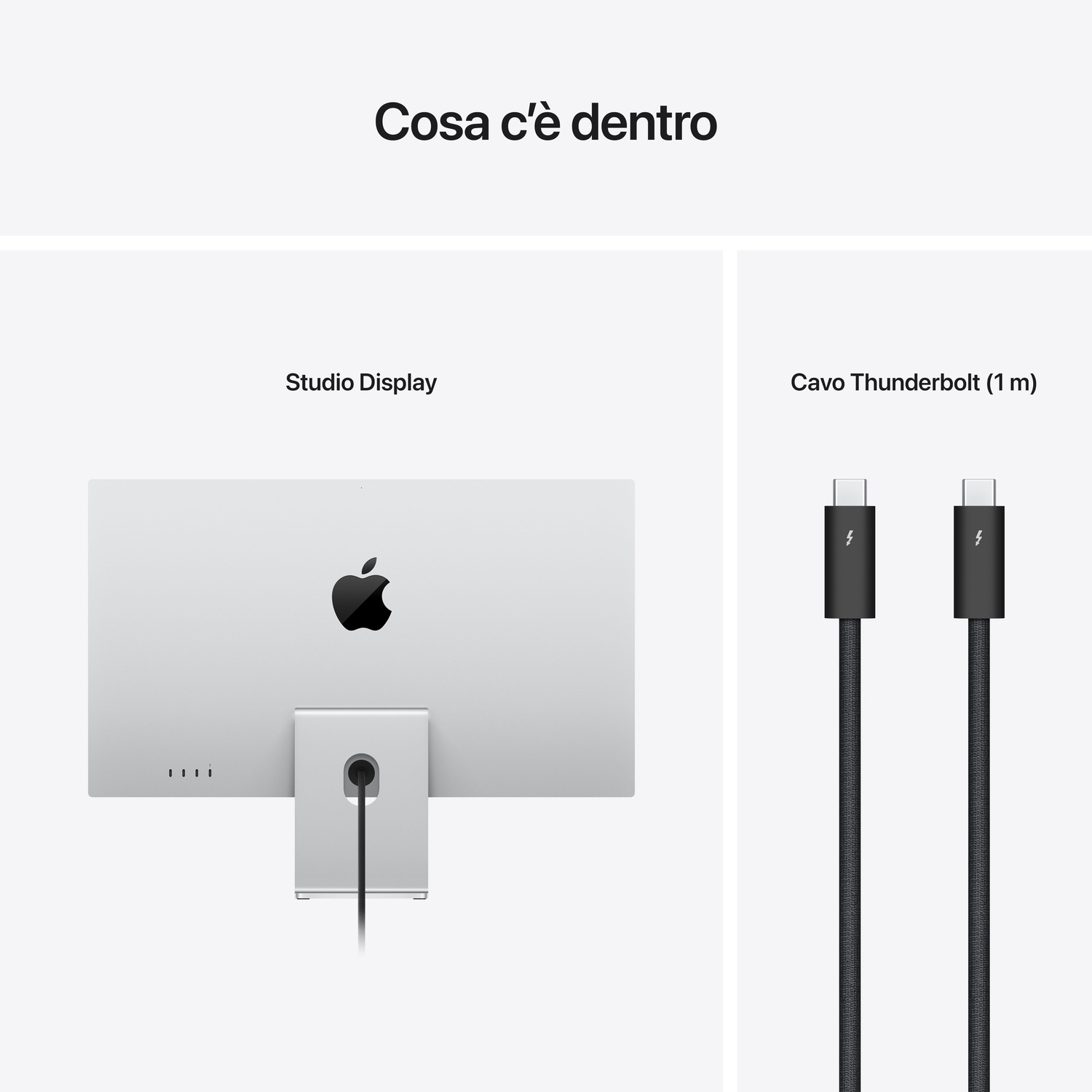 Monitor Studio Display e due cavi Thunderbolt su sfondo bianco. Logo Apple nero visibile sul monitor.